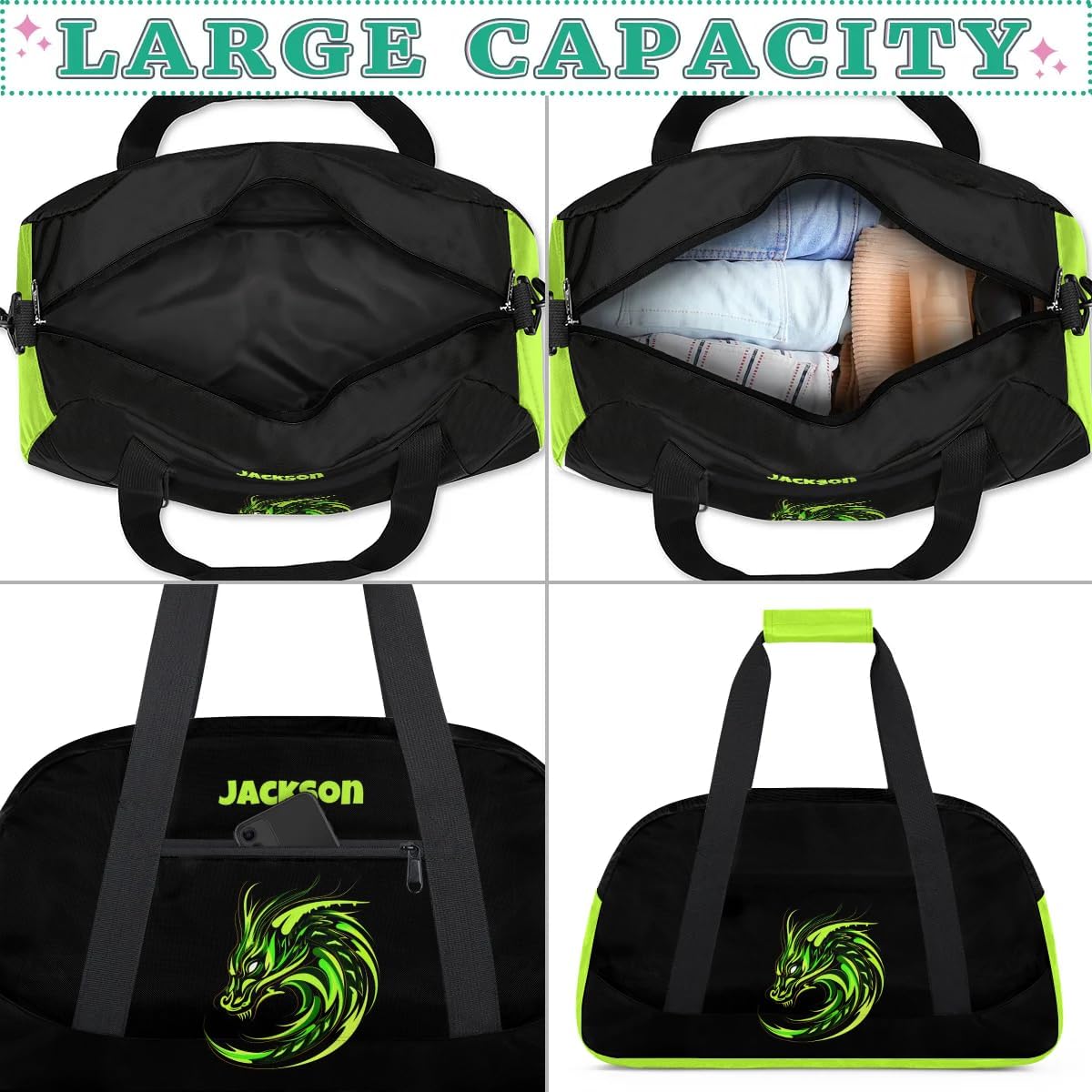 Personalized Gym Bag for Kids Boys, Dragon Green Totems Custom Small Duffel Bag with Padded Handles Carry On Weekend Travel Bag for School Practice Ball Games
