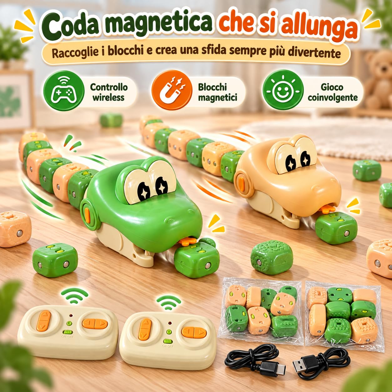 2 Pezzi Gioco Serpente Magnetico, Serpente Telecomandato che Mangia, Serpente giocattolo magnetico telecomandato con luce e suono