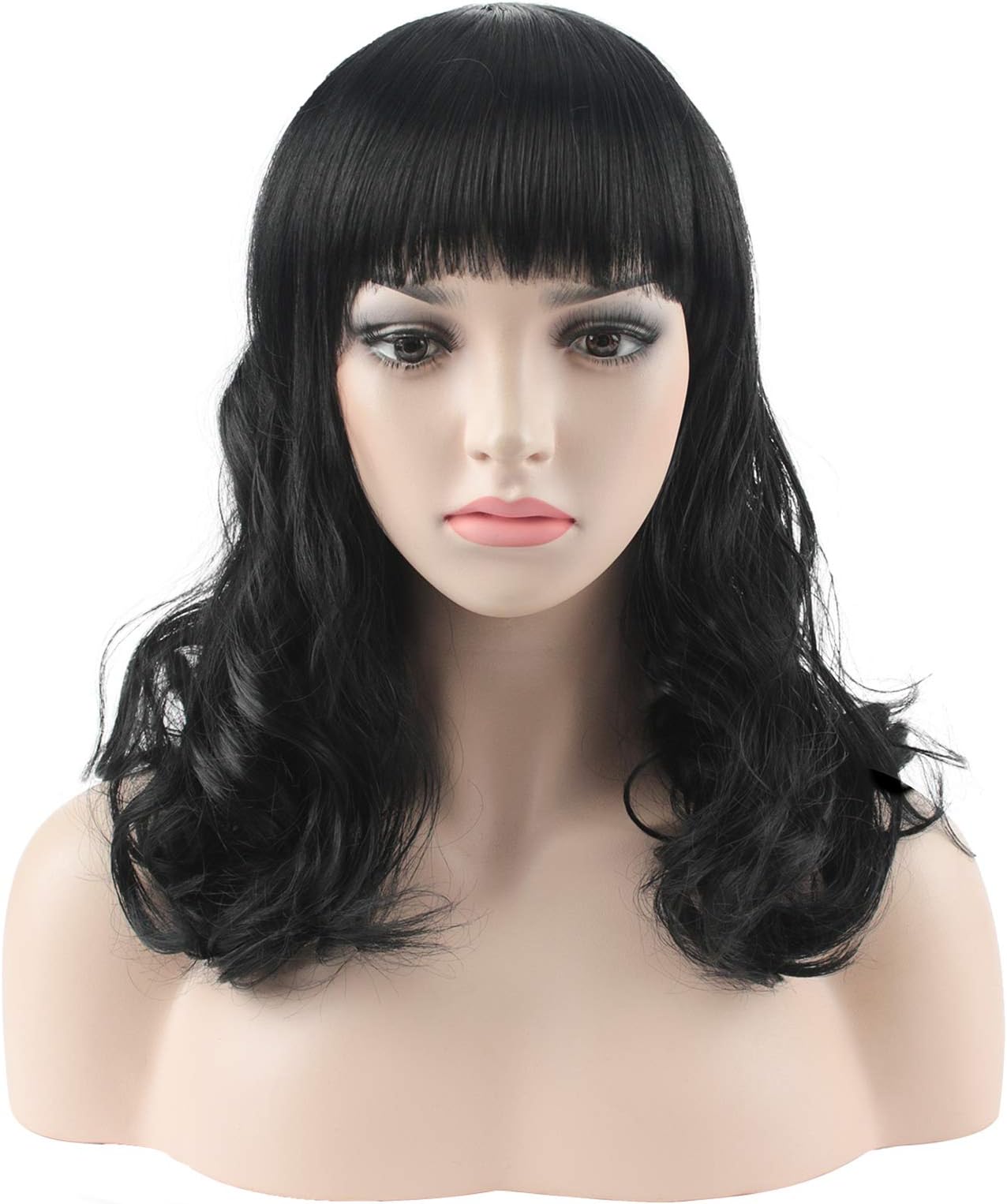YOPO Wig, Short Wavy Wigs for Women with Free Wig Cap & Bobby Pins, 16'' Cosplay Medium Length Wig (50s Black)