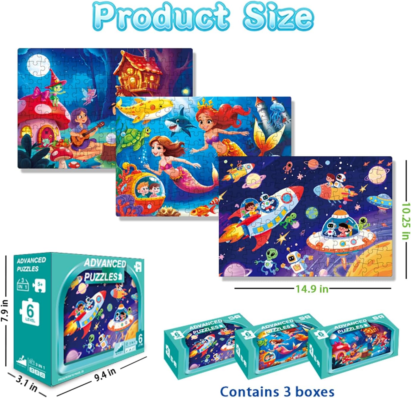 Puzzles for Kids Ages 6-8, 3-in-1 Progressive Jigsaw Puzzle Set (108, 120, 135 Pieces), Advanced Fantasy Toys (Space, Mermaid & Magic Forest), Birthday Gift with 3 Storage Boxes