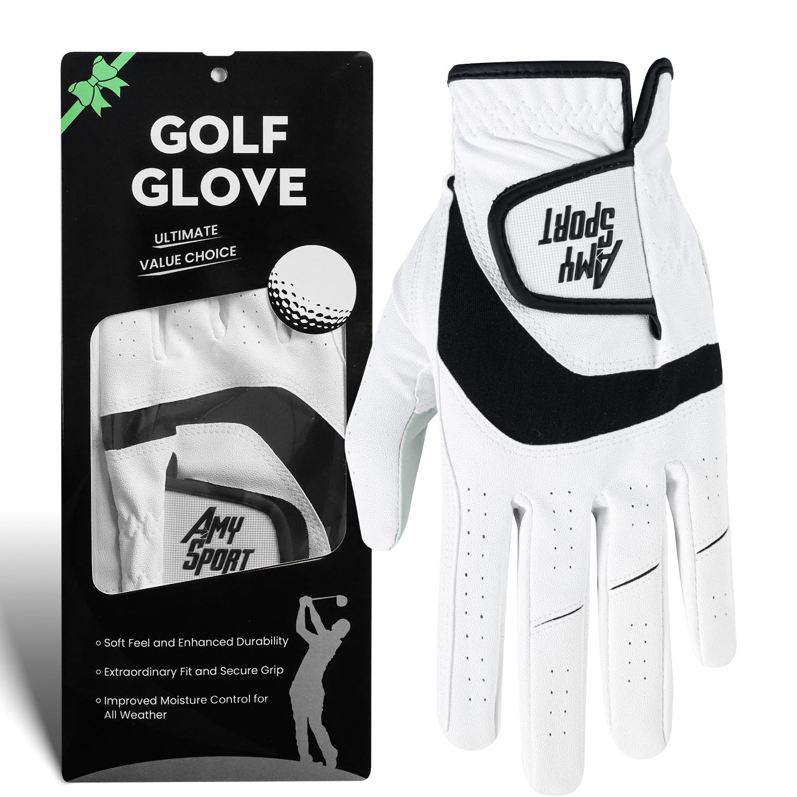 Golf Gloves Men Right Handed Golfer Left Hand Leather 1 Pack, Mens Golf Glove Breathable Weathersof Grip Soft Comfortable, Fit Size Small Medium ML Large XL (White, M/Large, Worn on Left Hand)