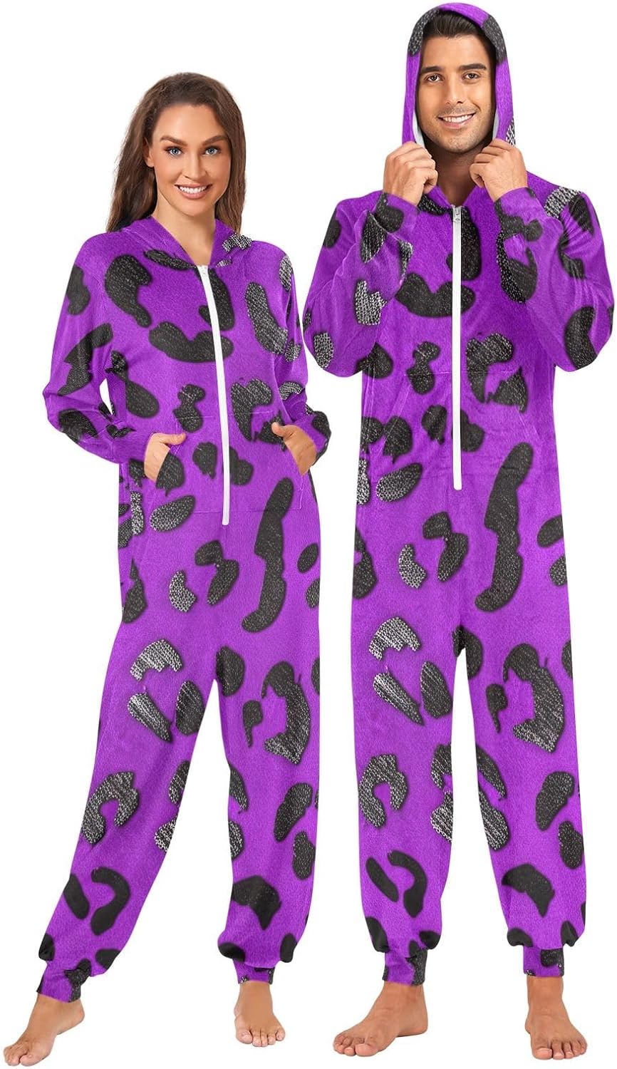 GAIREG Purple Leopard Print Adult Onesie Pajamas with Hood, Soft Crystal Velvet One Piece Sleepwear for Men Women