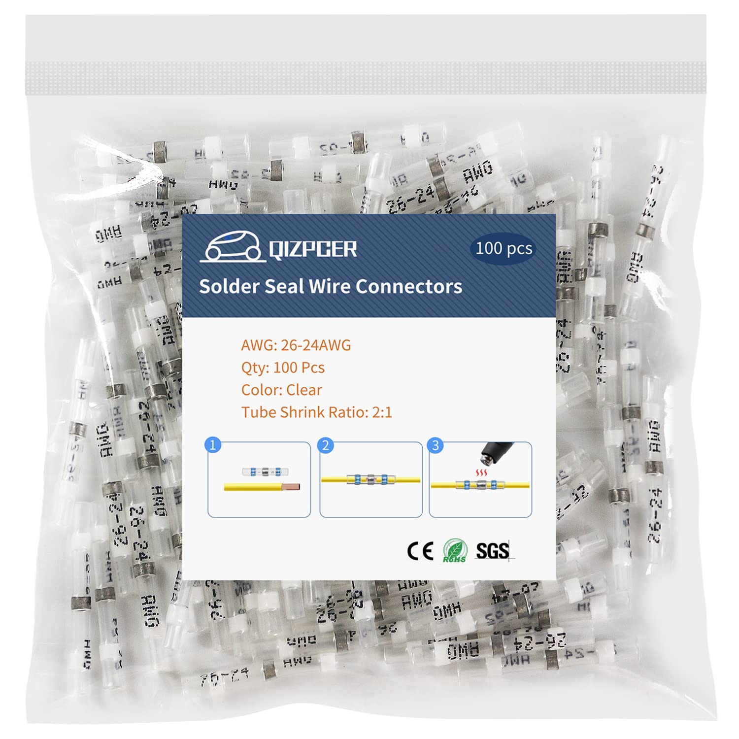 100 Pcs Solder Seal Wire Connectors, 26-24 AWG Heat Shrink Solder Connectors, Marine Grade Waterproof Butt Electrical Wiring terminals for Automotive Boat Truck