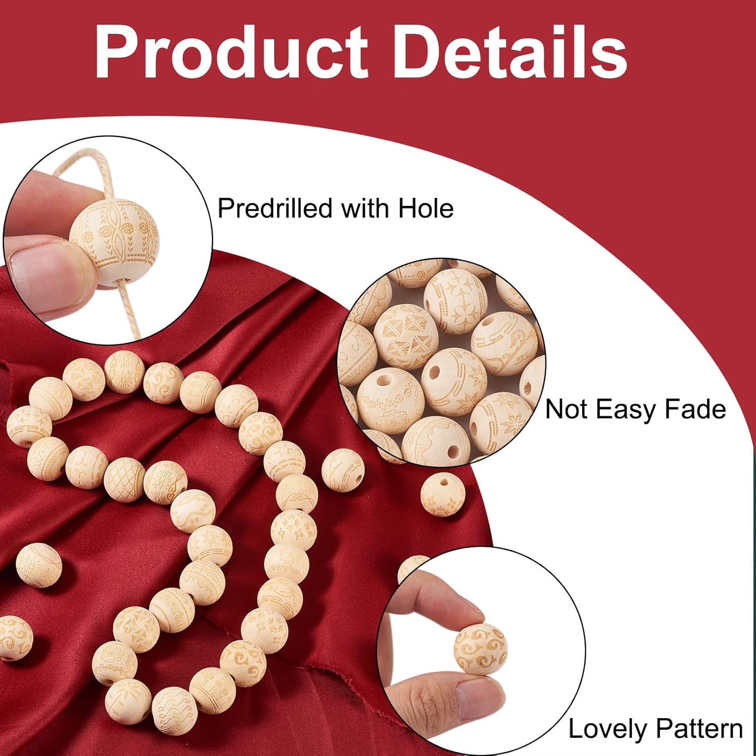 Craftdady 102Pcs Unfinished Natural Wood Beads 20mm Large Hole European Beads with Patterns Wooden Rounds Ball Beads for Personalized Garlands Jewelry Making