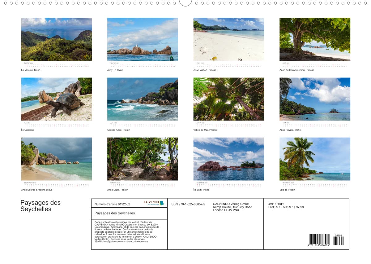 Paysages des Seychelles (Premium, hochwertiger DIN A2 Wandkalender 2022, Kunstdruck in Hochglanz): Les curiosités des Seychelles (Calendrier mensuel, 14 Pages )