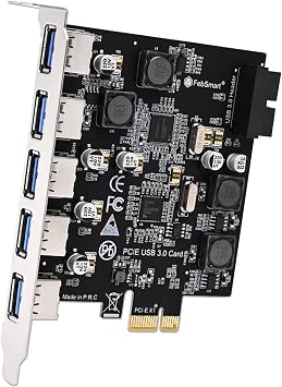 7-Ports Superspeed 5Gbps USB 3.0 PCIE Expansion Card, 5-Ports USB-A and an 19Pin USB 3.0 Header, Built in FebSmart Self-Powered Technology, No Need Additional Power Supply FS-U7S-Pro