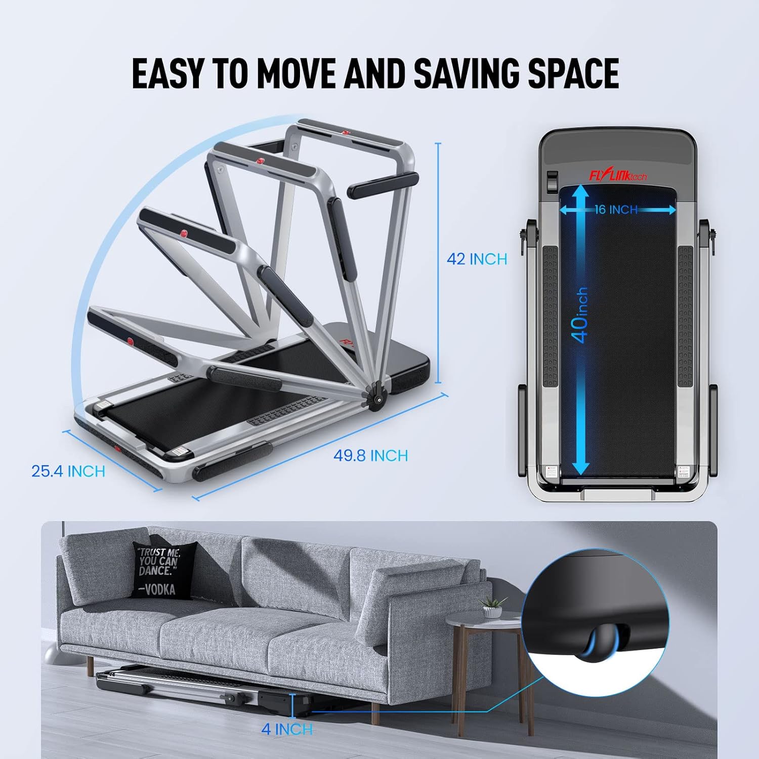 Diagram showing the FLYLINKTECH treadmill folding mechanism and its compact storage dimensions.