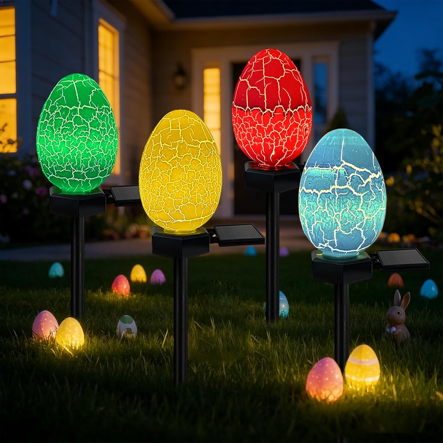 4 Pack Solar Easter Egg Lights Outdoor, Waterproof Solar Easter Yard Decorations Outdoor Easters Yard Stakes Lights for Outside Lawn Walkway Patio Cemetery Grave (Red/Yellow/Green/Blue)