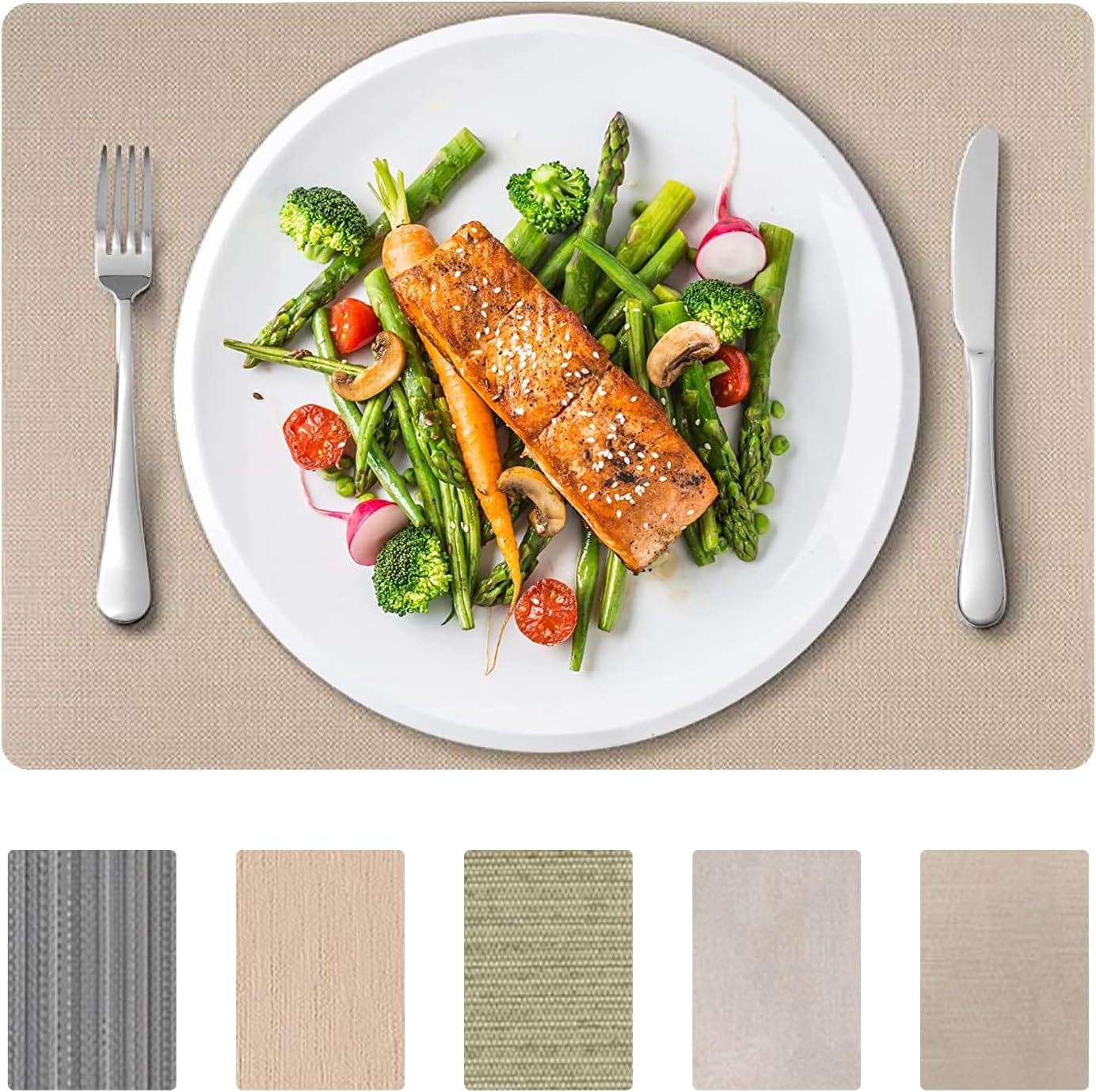 Andie Home Rectangle Placemats for Kitchen Table and Dining Room, 6-Piece Set, Heat-Resistant and Surface Washable Placemat, Wheat Beige, 17"x12"