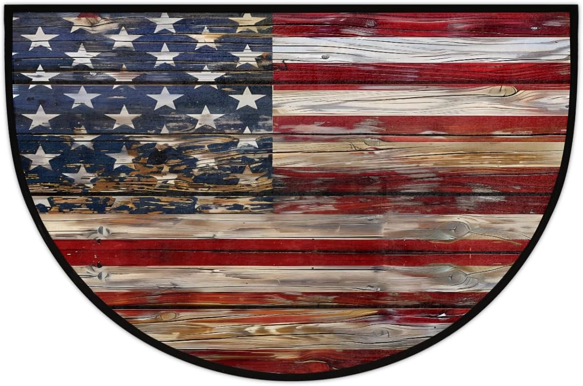 Old Wooden American Flag Half Round Door Mat Indoor Entrance Low Pile Non Slip Absorbent Semi Circle Welcome Mats Doormats 36x24 in Floor Mats for Home Kitchen