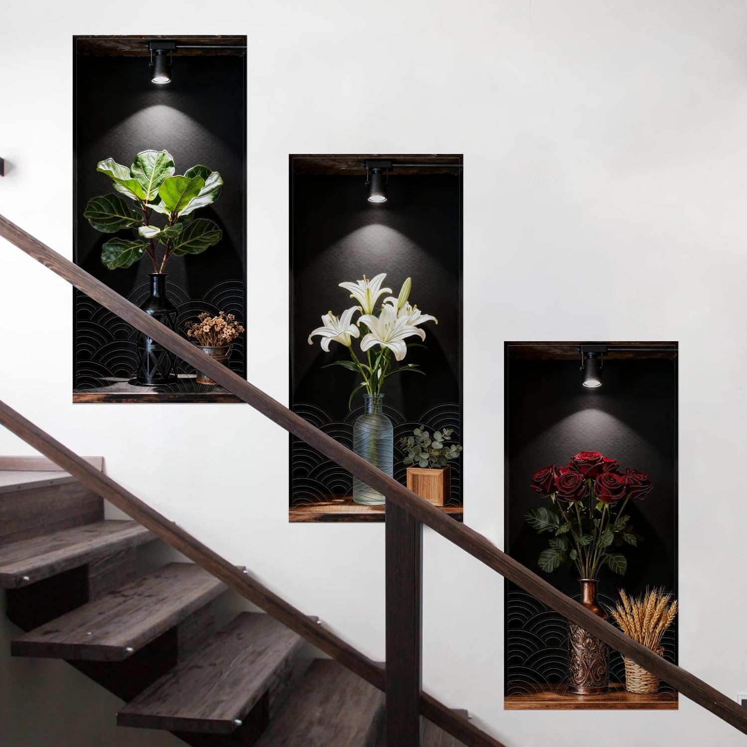Dark Botanical Style Triptych Wall Stickers, 3 Sheets Floral Wall Decals with Lily Rose and Fiddle Leaf Fig on Shadowed Background, Peel and Stick Wall Murals Decor for Bedroom Living Room