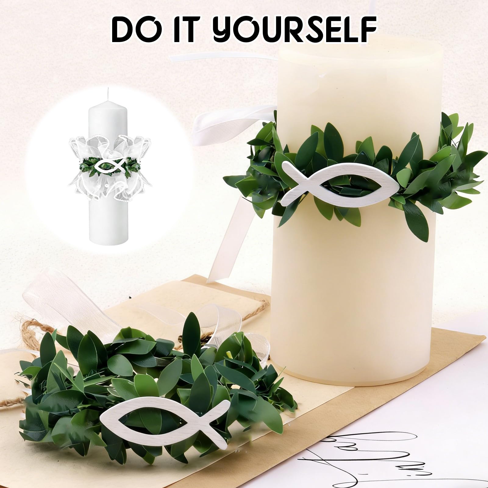 Dargkwn 2 velas antigoteo, para bautizo, comunión, gotas, falda de organza con decoración de peces, para bodas y bautizos, diámetro de 3-6 cm, color blanco — view 7