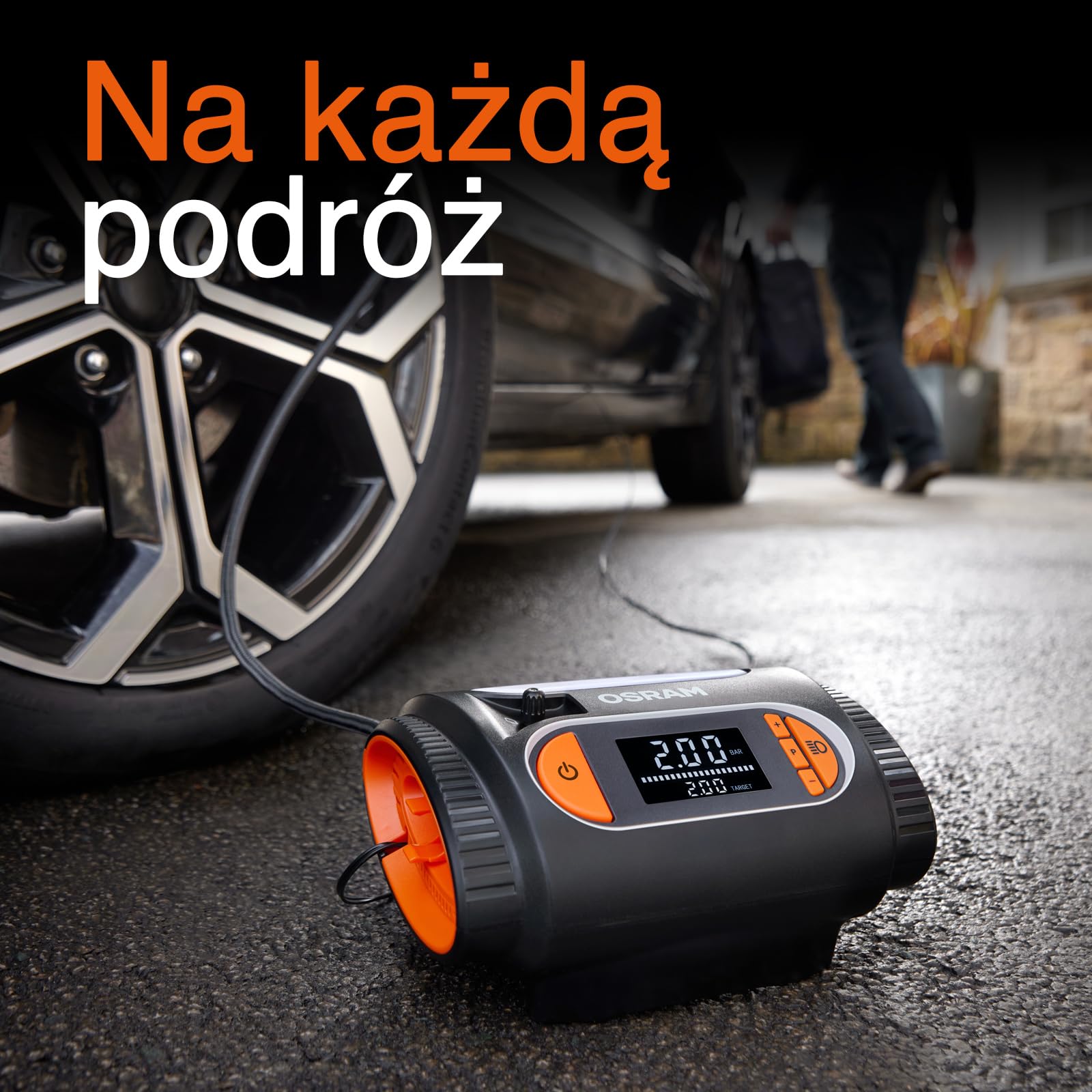 OSRAM TYREinflate 2120, duży wyświetlacz cyfrowy, programowalna funkcja automatycznego zatrzymania, kabel zasilający z bezpiecznikiem 12 V DC, pompowanie opon w 3,5 minuty