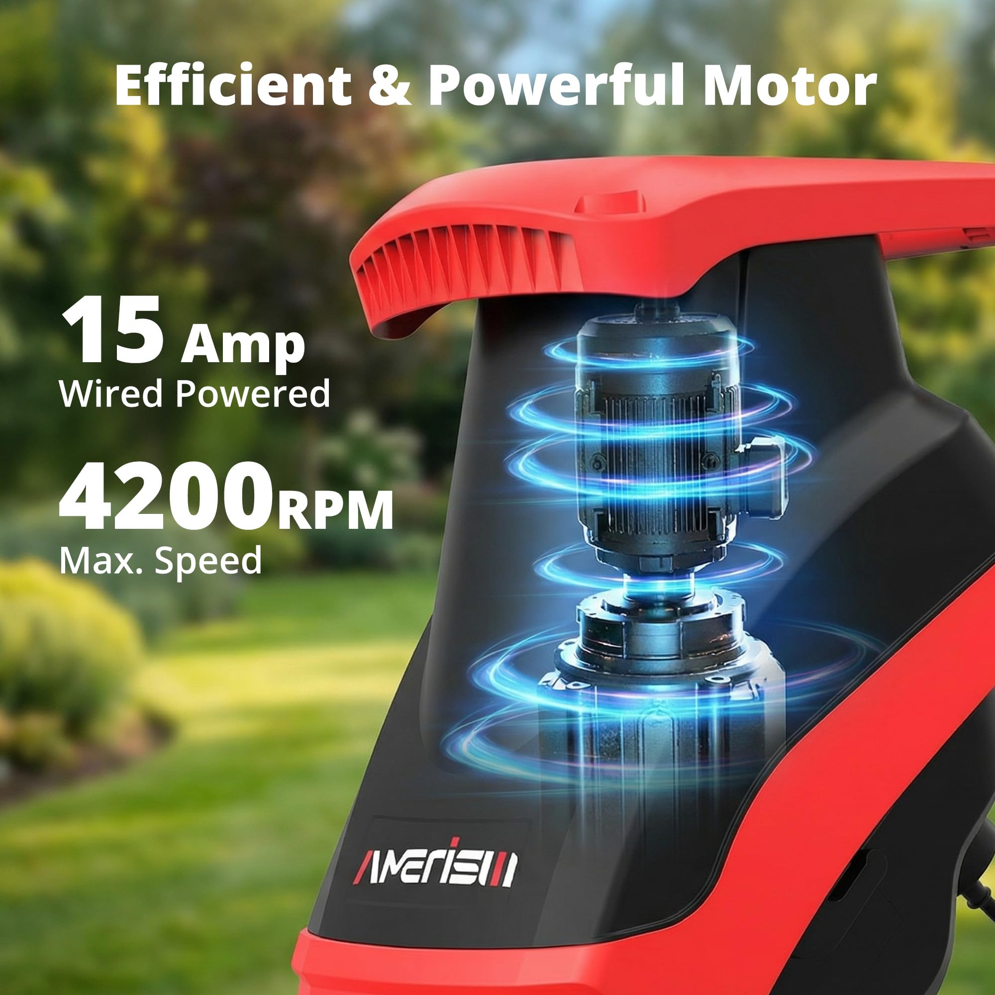 AMERISUN Trituradora eléctrica de madera de 15 A, 4200 rpm, trituradora de hojas con capacidad de rama de 4,4 cm, trituradora de residuos de jardín portátil con bolsa de recogida de 50 L para limpieza
