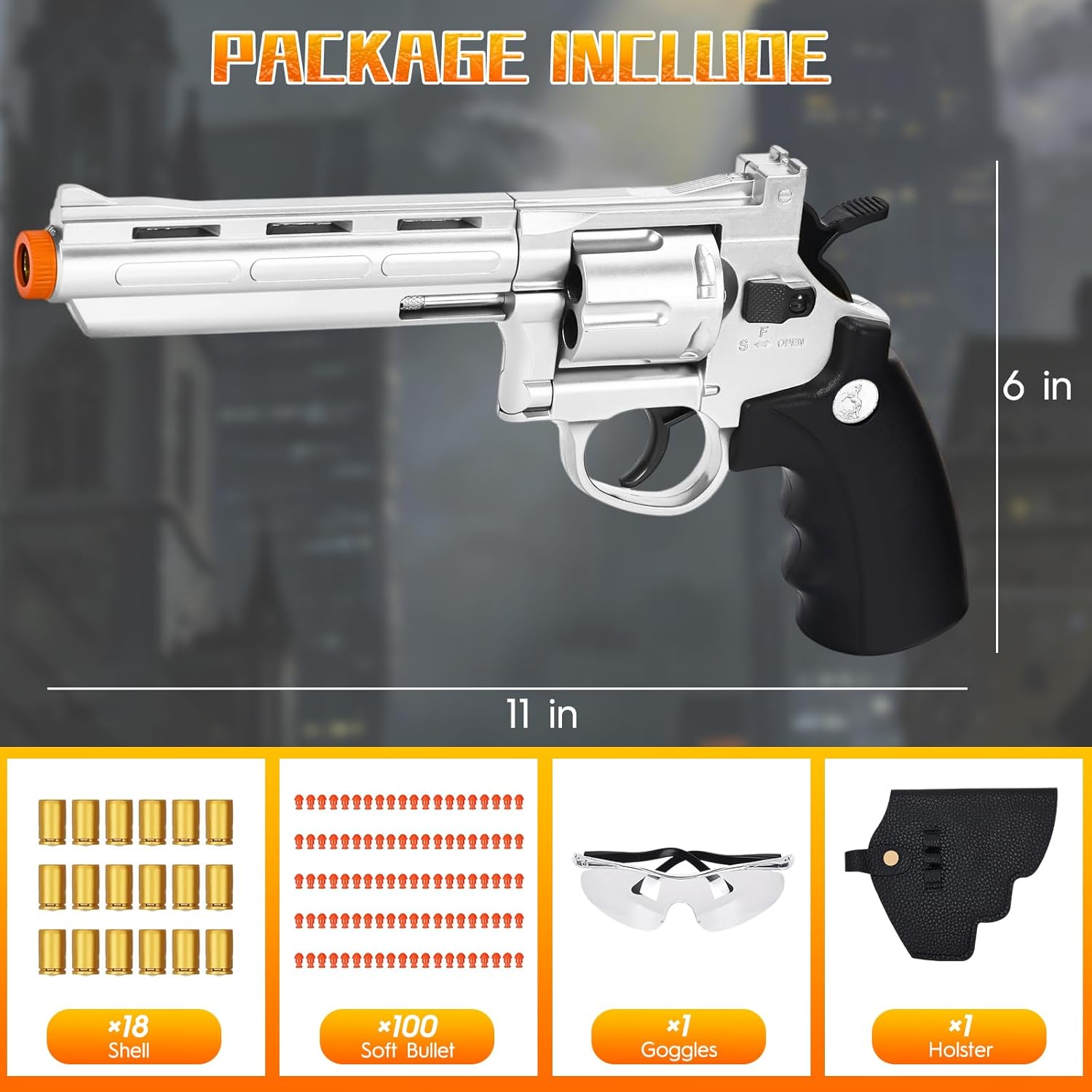 Toy Revolver Gun with 100 Soft Bullets,18 Shells,1 Holster and 1 Goggles,Toy Gun for Shooting Games,Pretend Play, Birthday (Silver)