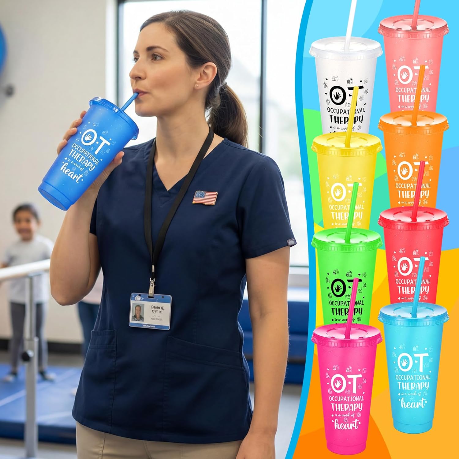Skylety 24 Pack Occupational Therapy Month Gifts Bulk Occupational Therapy Appreciation Cups with Lids and Straws for OT Month Party Favors 24 oz Plastic Tumblers for Therapist Mental Health Advocate