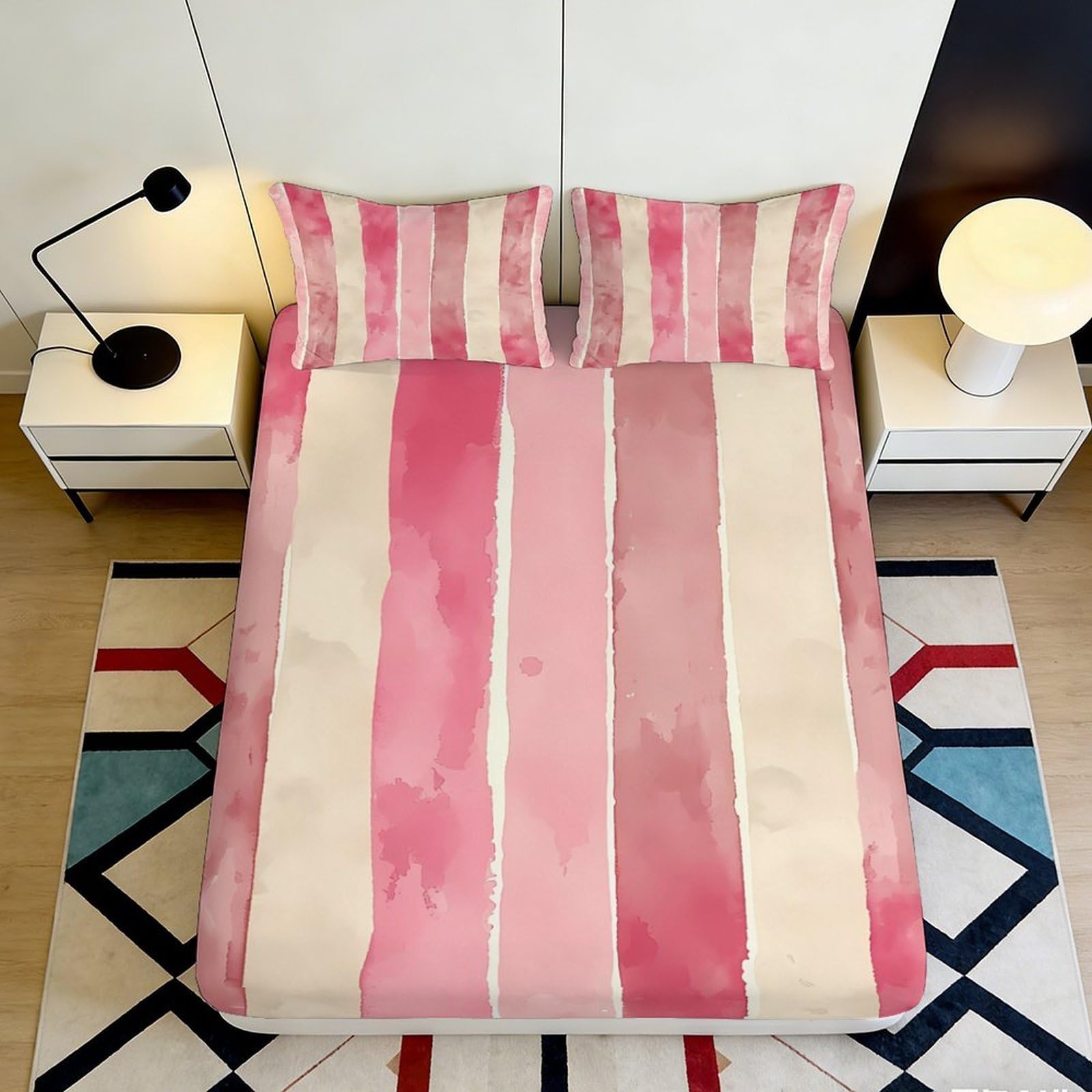 Jwndfkpvxzgl Style-5 3D Printed Pink Stripe Fitted Sheet Microfiber Soft Breathable Watercolor Mattress Cover For Bedroom Guest Room Decor 90X200x25cm
