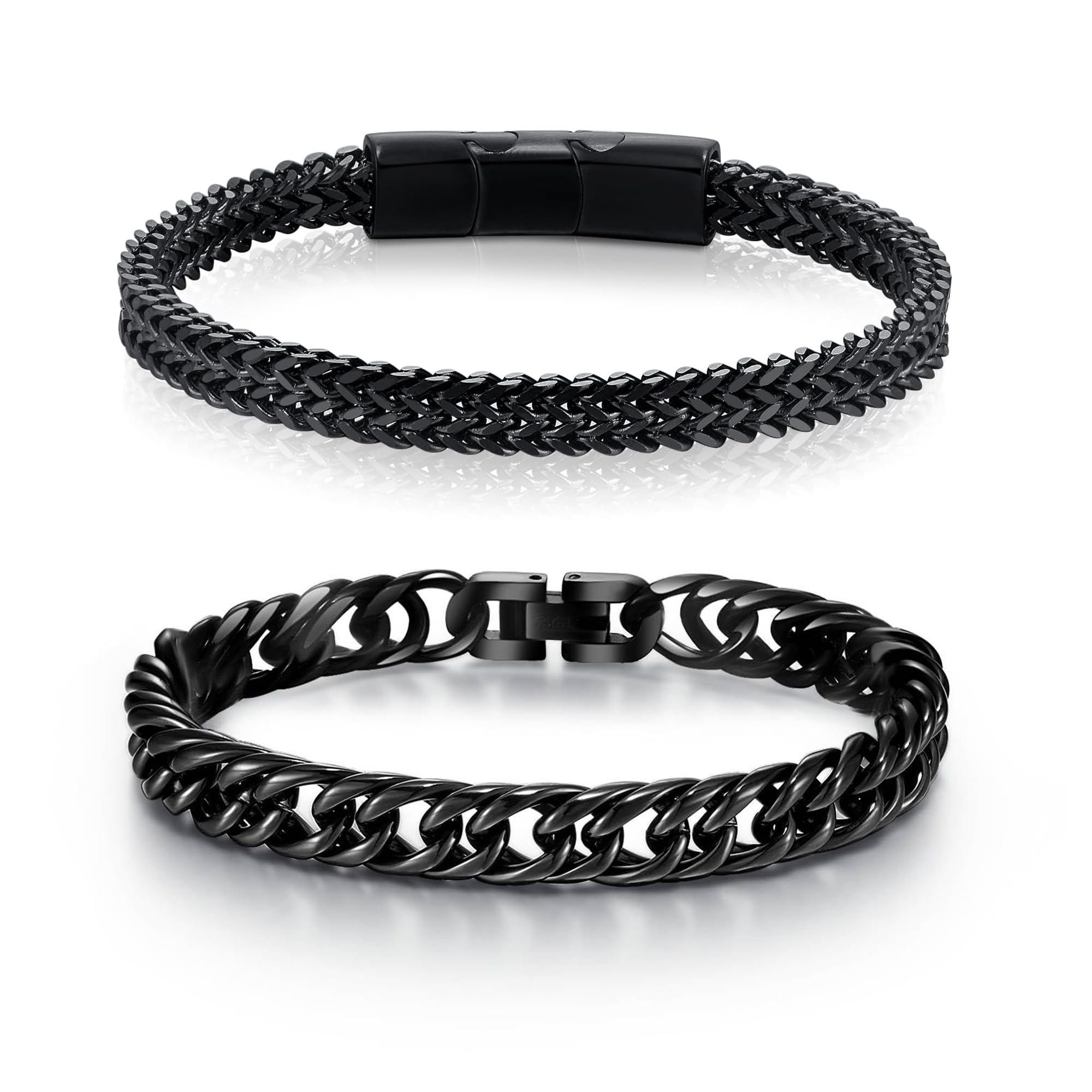 2PCS Bracelets for Men:Stainless Steel Magnetic Clasp Franco Chain in bLack &Boutique Jewelry Stainless Steel Bracelets - Ideal Gifts for Dad, Grandpa, Boyfriend, Husband, Son, Brother
