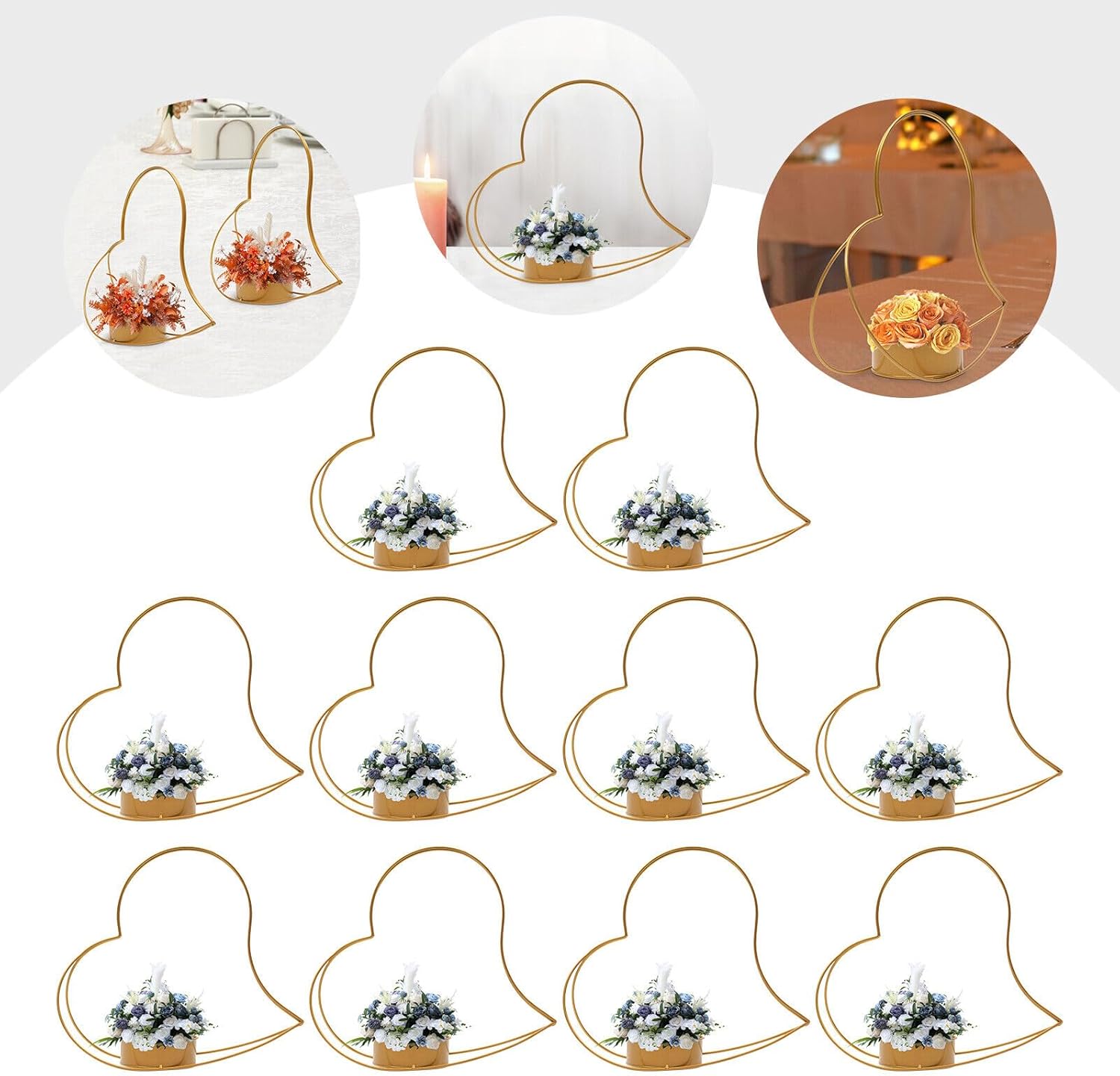 10 Pcs Gold Vases for Centerpieces Wedding, Metal Geometric Gold Centerpiece Elegant Wedding Centerpieces Peach Heart Baskets for Weddings Party Decoration Centerpiece Table Decorations
