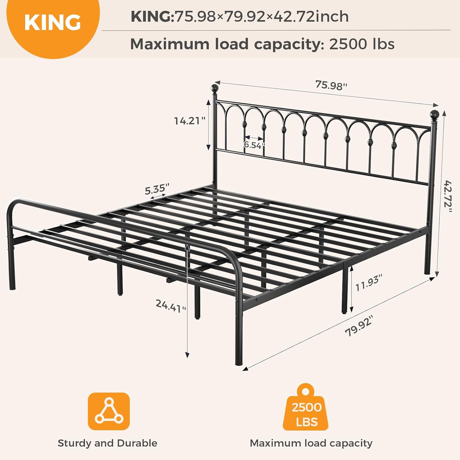 DUMOS King Bed Frame, Metal Platform with 11.9" Under-Bed Storage, Heavy Duty Steel Slat Support No Box Spring Needed, Easy Assembly, Black