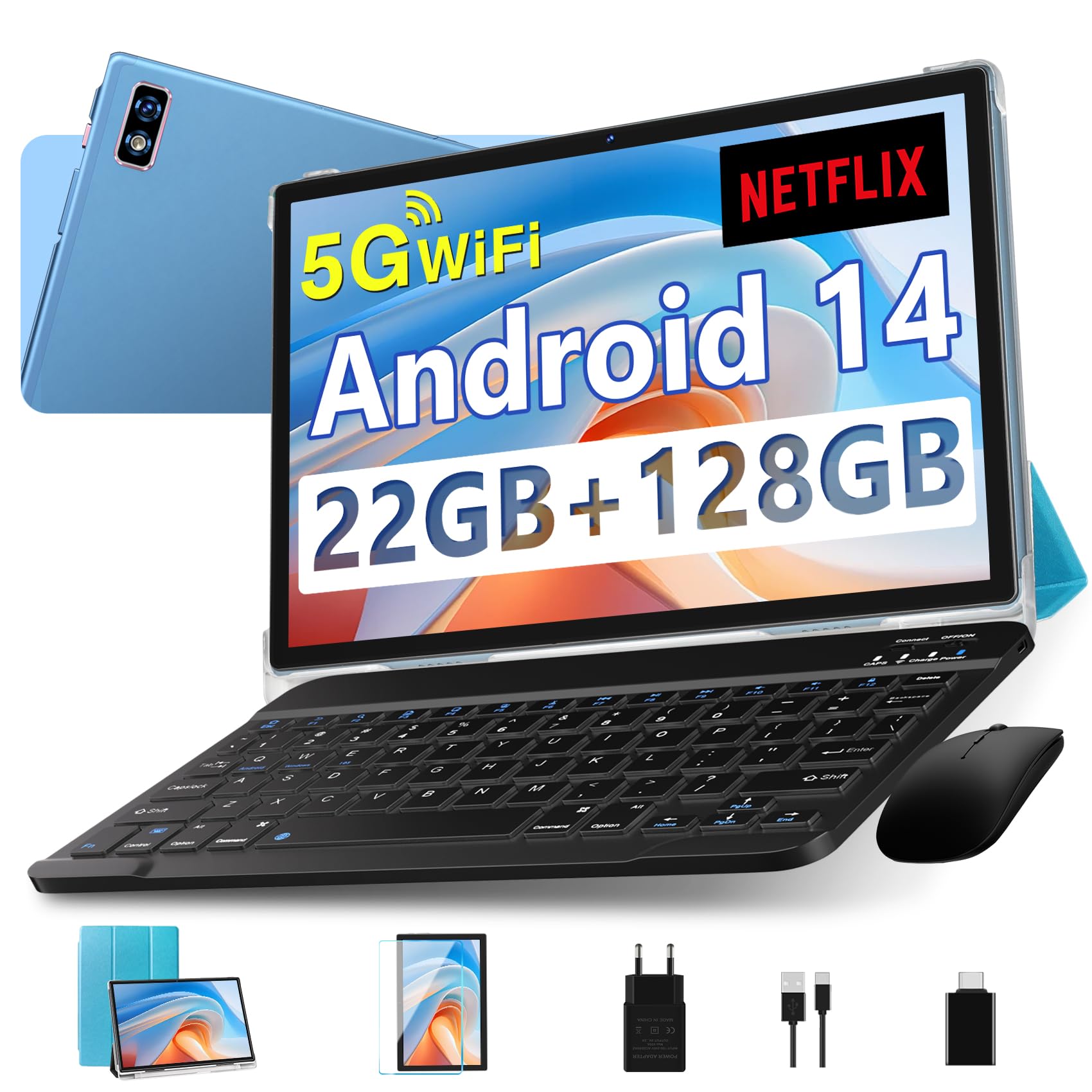 ZIOVO Tablet Android 14, 10 Pulgadas, 22GB RAM + 128GB ROM (1TB TF), Widevine L1 | 8000 mAh | Octa-Core | 2.0 GHz | 5G WiFi | BT 5.0 | 5 +8 MP, Tablet con Teclado y Ratón - Azul — view 7