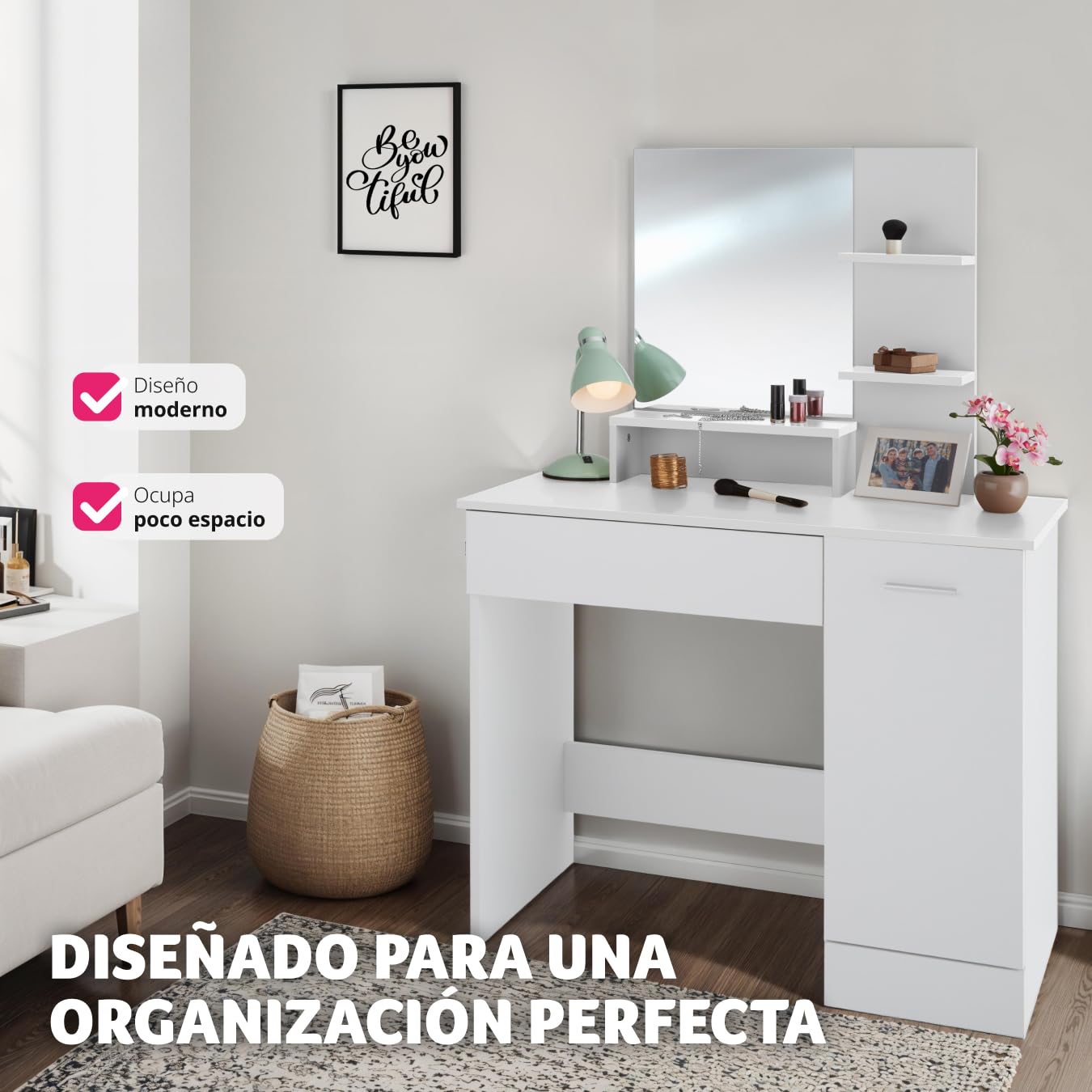 tectake® tocador de Maquillaje con Espejo Grande, 3 estantes Abiertos, cajón Inferior, Compartimento Lateral, Gran Resistencia, Superficie Resistente, Espejo tocador, Mesa Maquillaje - Blanco