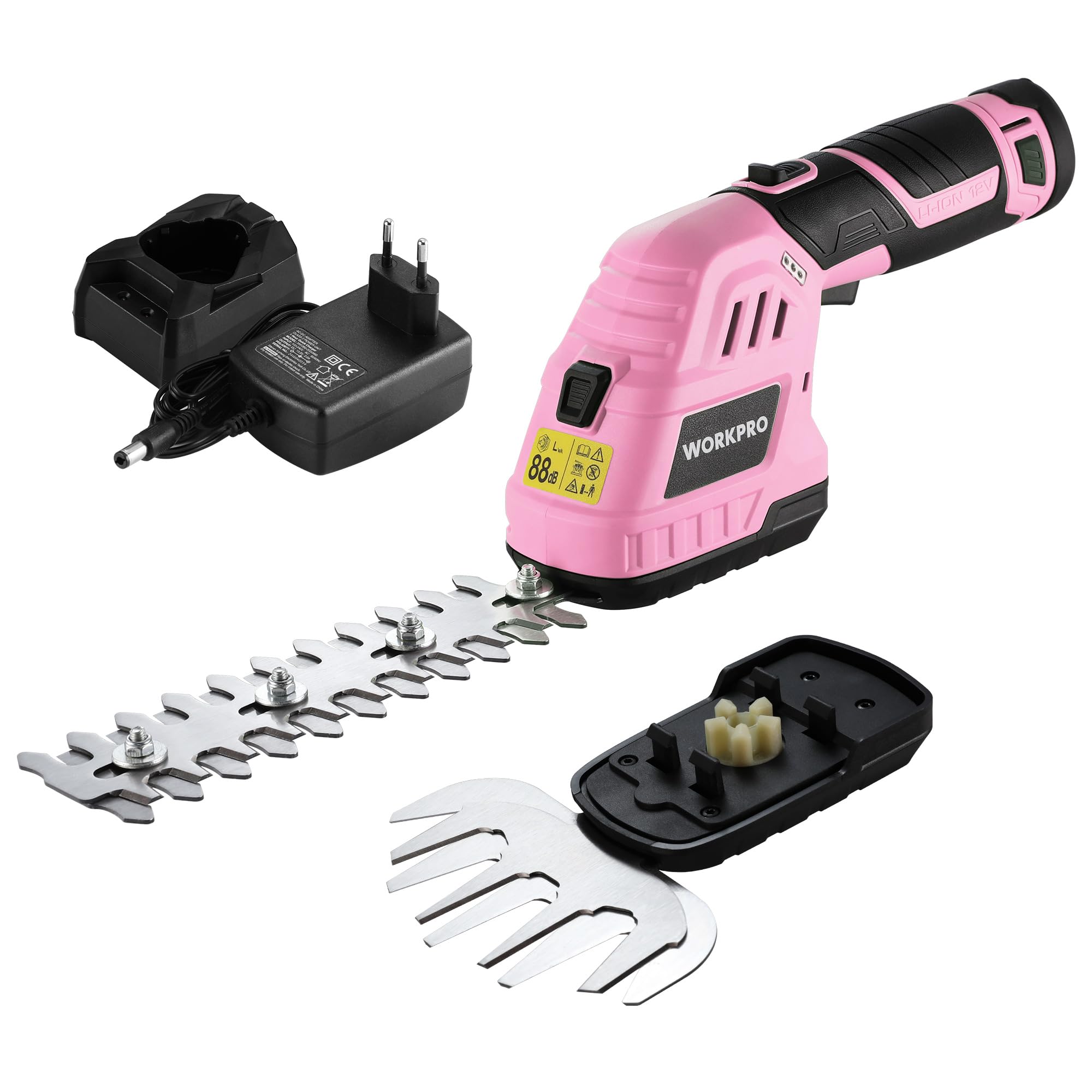 WORKPRO Tagliasiepi a Batteria 12V Rosa, 2-in-1 Forbici a Batteria con 2 lame, batteria da 2Ah e caricabatterie, tagliaerba elettrico Per diserbare, potare gli alberi, tagliare l'erba
