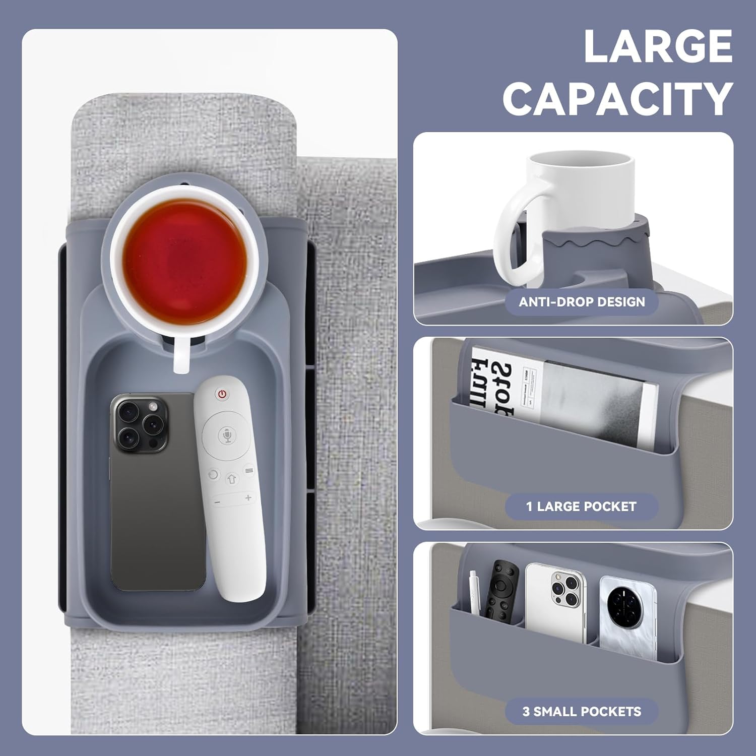 Couch Cup Holder Tray - Wide (6"+) ， Silicone Sofa Armrest Tray with Dual Pockets，Couch Arm Tray Anti-Slip Organizer for Drinks, Phone, Remote, Snacks | Heat Resistant for, Recliner, Car - Image 5