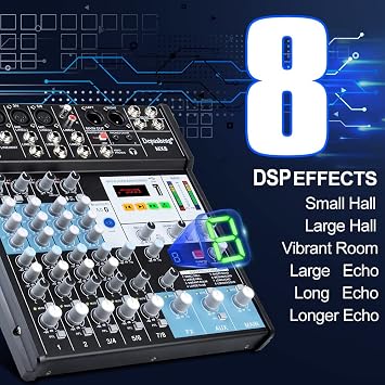 Professional Audio Mixer Sound Board Console 8-Channel DJ Controller Sound Mixer w/ 8-DSP EFFECT, USB Recording Interface, Bluetooth, 48V Phantom Power, Ideal For Live Streaming Depusheng MX8