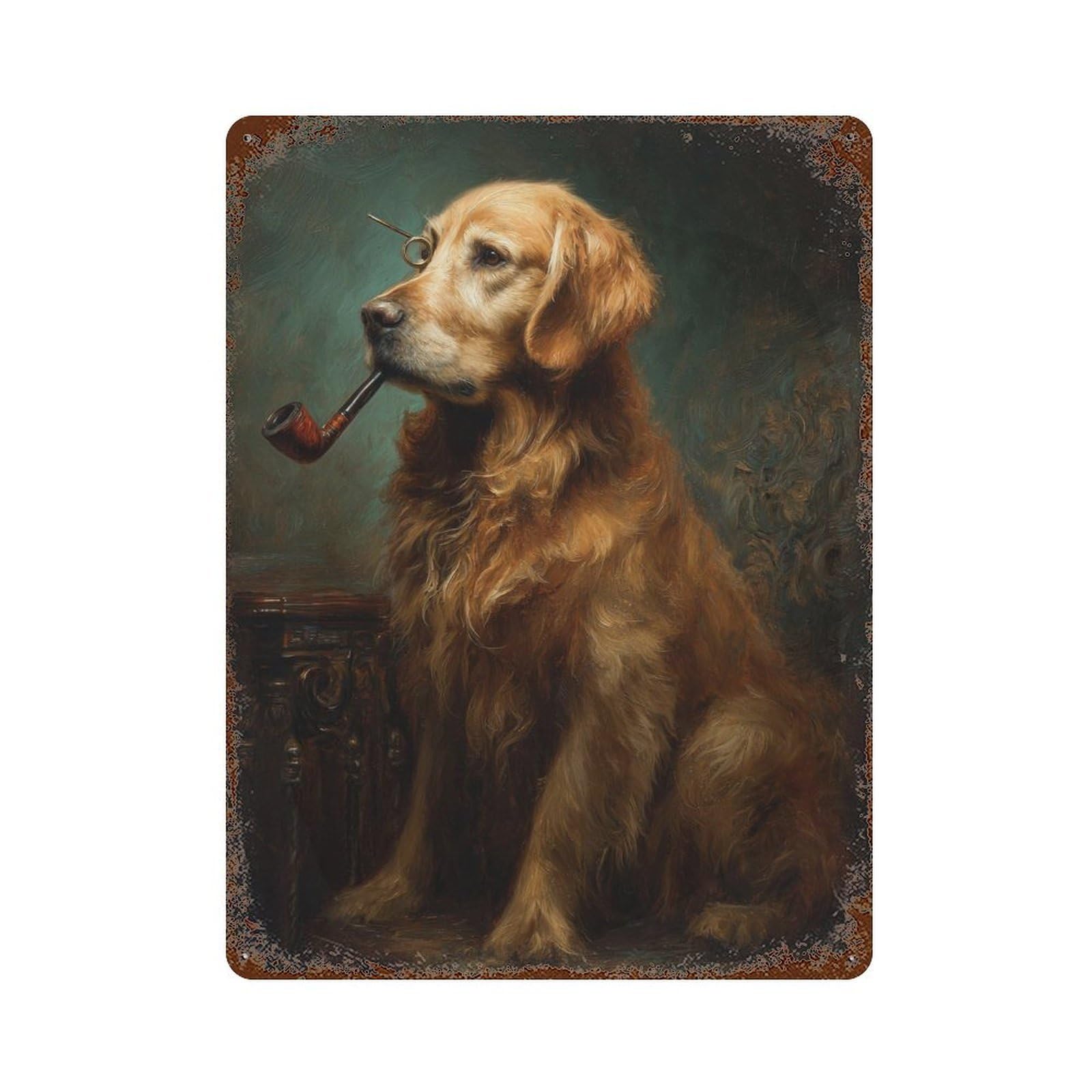 Golden Retriever with Pipe And Glasses 15.7"x11.8" Retro Metal Sign, Shabby Chic Decor for Garage, Bar And Workshop Decor