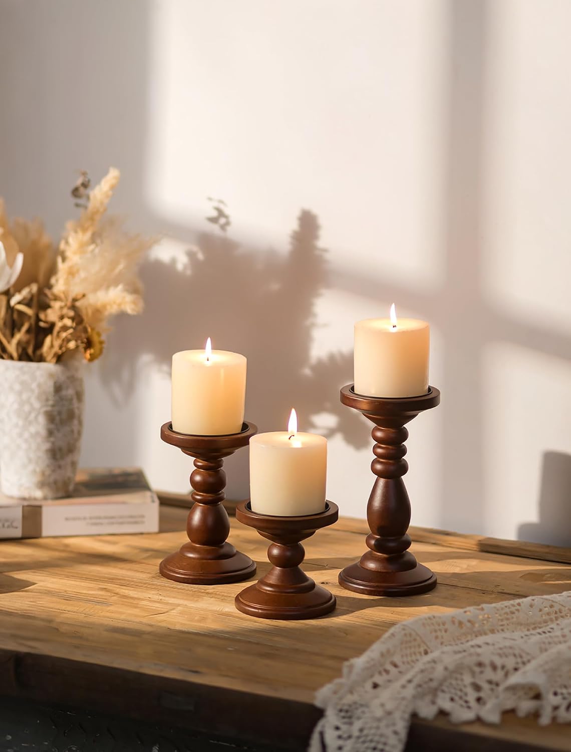 Wood Pillar Candle Holder: Mid Century Dark Brown Candle Stand image 2