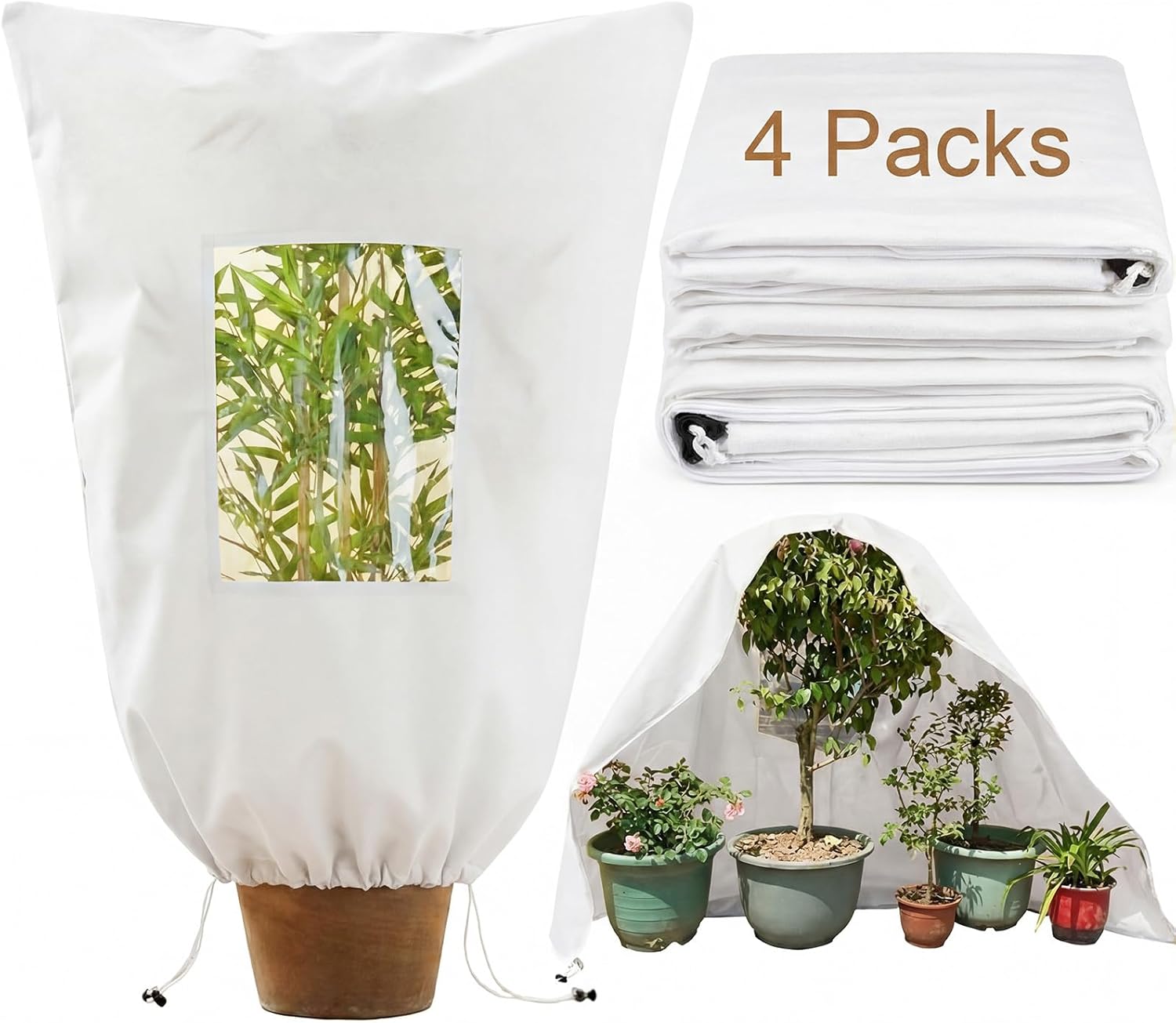 4 Pcs Large Plant Covers Freeze Protection with Viewing Window, Drawstring & Zipper Winter Frost Covers, Shade Cloth for Shrubs, Small Trees, Frost(White,47.24 x 70.87 Inch)