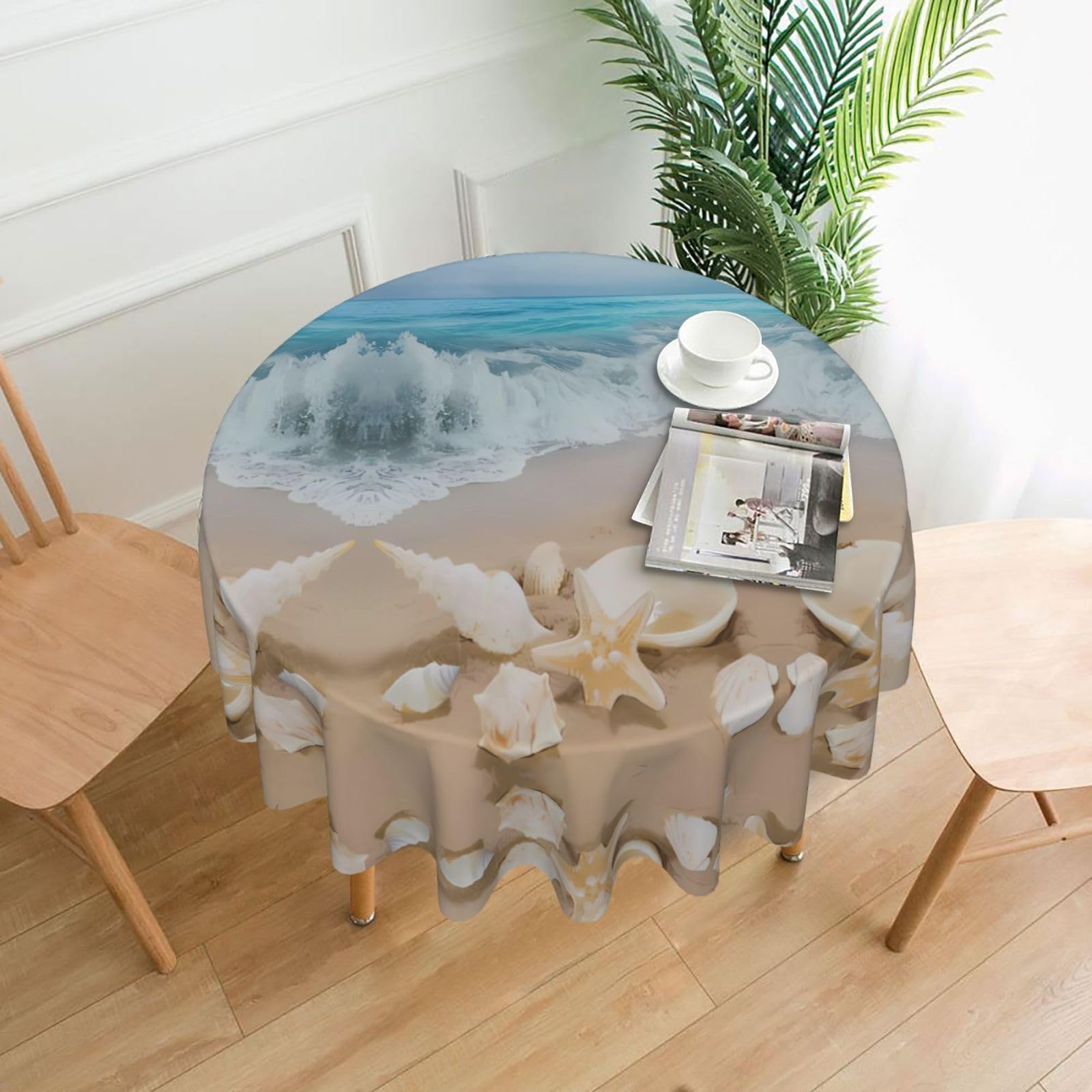 HJFCZH Beach Seashell Starfish Prints Round Decorative Tablecloth 60in - High-Grade Polyester Throw for Dinners, Weddings & Everyday Use