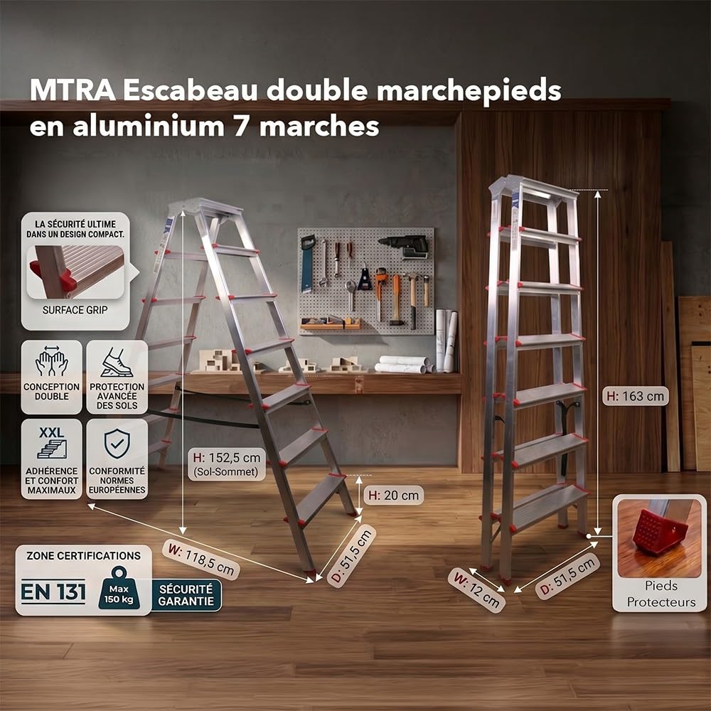 MTRA Escabeau Double marchepied en Aluminium 7 marches