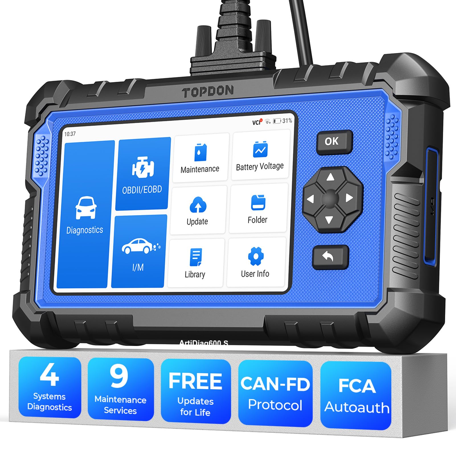 TOPDON Obd2 auto diagnostica ArtiDiag600S, 9 funzioni di servizio (reset dell'olio, BMS, ABS, SAS, EPB, DPF, TPMS...) e 4 diagnosi di sistema, aggiornamenti gratuiti a vita