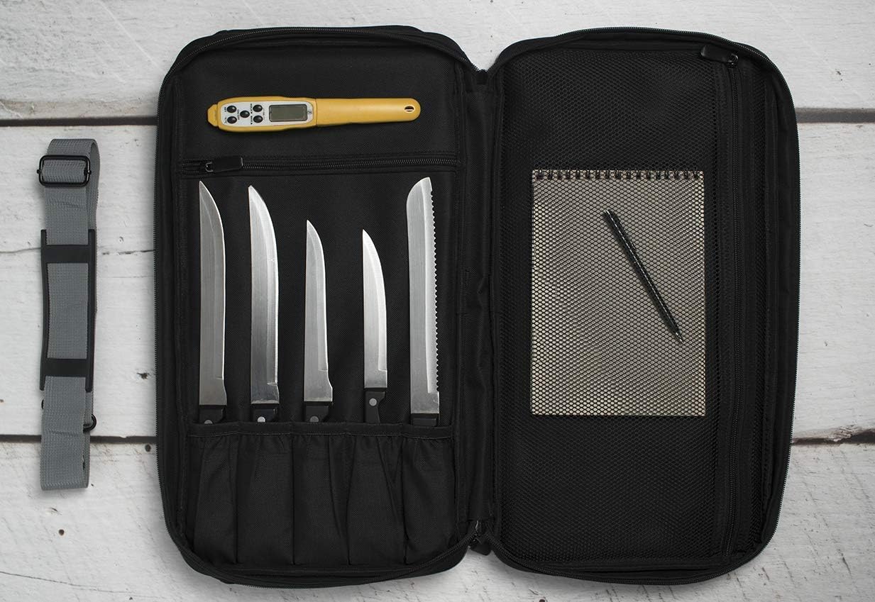 Asaya Chef Knife Bag - 28 Pockets for Knives and Kitchen Utensils - Durable Ballistic Nylon, Black Stainless Steel Hardware, Card Holder and Adjustable Shoulder Strap - Knifes not Included: Home & Kitchen