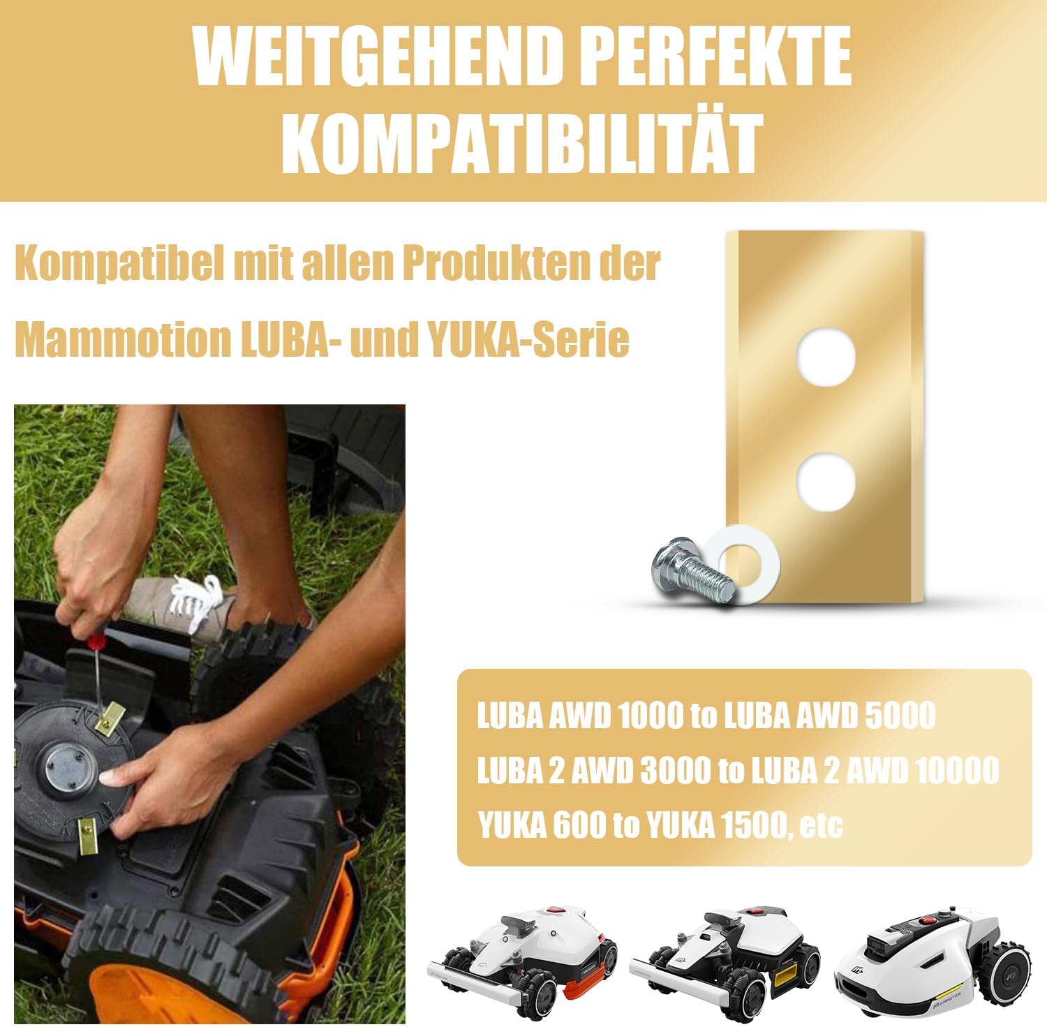 40Pcs Replacement Blades Compatible for Mammotion Luba & Yuka All Series, Robust Titanium Replacement Robotic Lawnmower Blades, with Plastic Washers and Screwdrivers