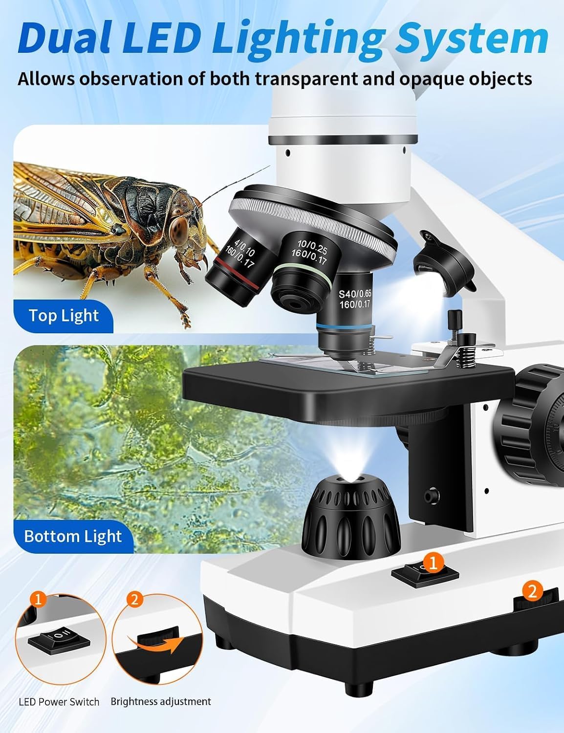 Monocular Microscope,WF10x/25x Eyepieces,40x–2000x Magnification,Up/Down LED,Comes with a Free Experiment Kit & Phone Adapter.Suitable for Students Home and School Lab