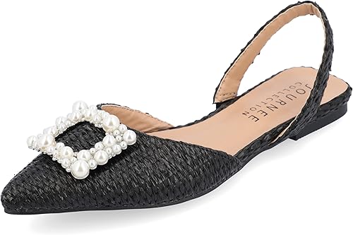 Journee Womens Slingback Jewel Pointed Toe Ballet Flats Slip On Shoes Raffia Pea