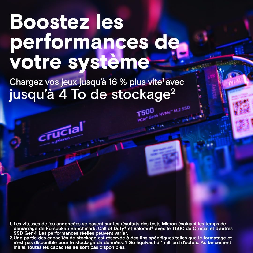 Crucial T500 SSD 1To PCIe Gen4 NVMe M.2, Jusqu’à 7300 Mo/s, TLC NAND, Compatible avec Ordinateur Portable et de Bureau, Disque Dur Interno, Microsoft DirectStorage - CT1000T500SSD8