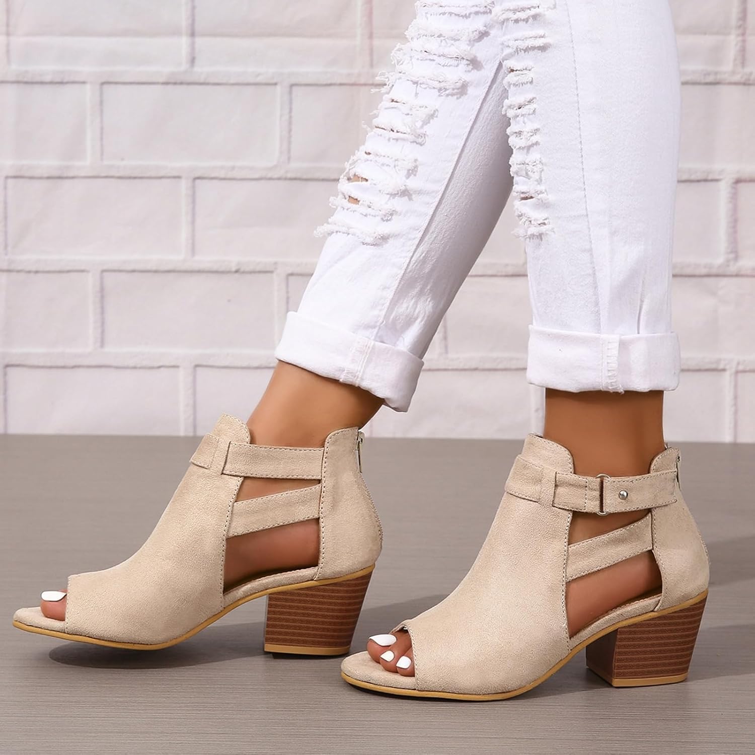 Womens Peep Toe Ankle Booties Chunky Heels Suede Side Cutout Back Zipper Sandals Ankle Strap Dressy Sandals