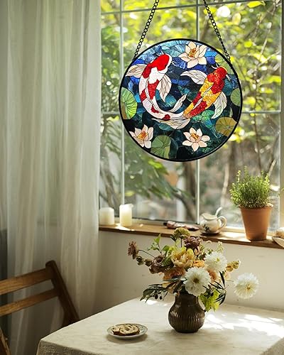 Miniatura 7 de Colgador de vitrales para colgar en ventanas, Koi y Lotus para puerta, decoración del hogar, atrapasoles de peces, Navidad, Día de la Madre, regalos