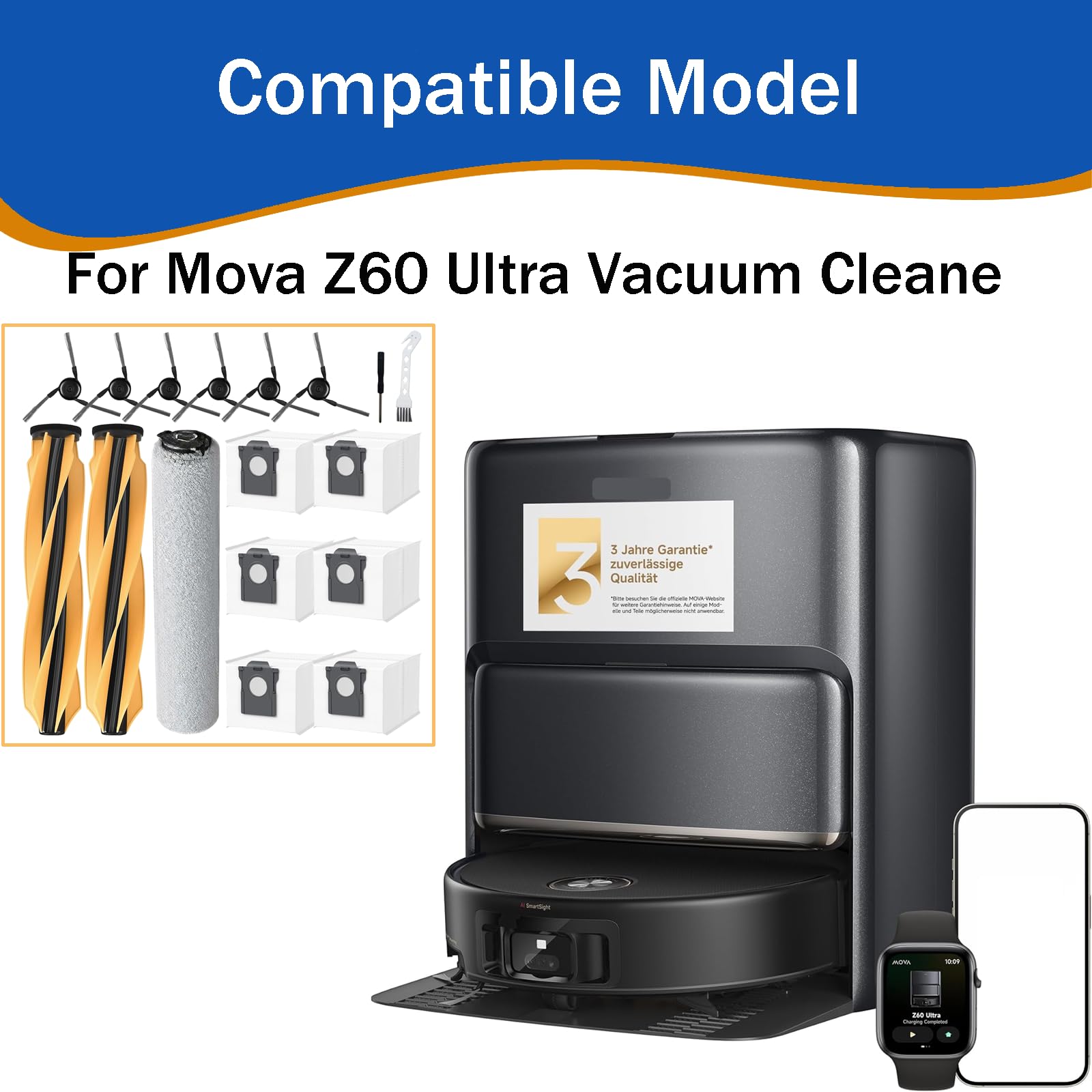 17 accessori di ricambio compatibili con aspirapolvere Robot Mova Z60 Ultra, 2 spazzole principali in gomma, 6 sacchetti per la polvere, 1 mocio a rullo, 6 spazzole laterali, 2 strumenti di pulizia