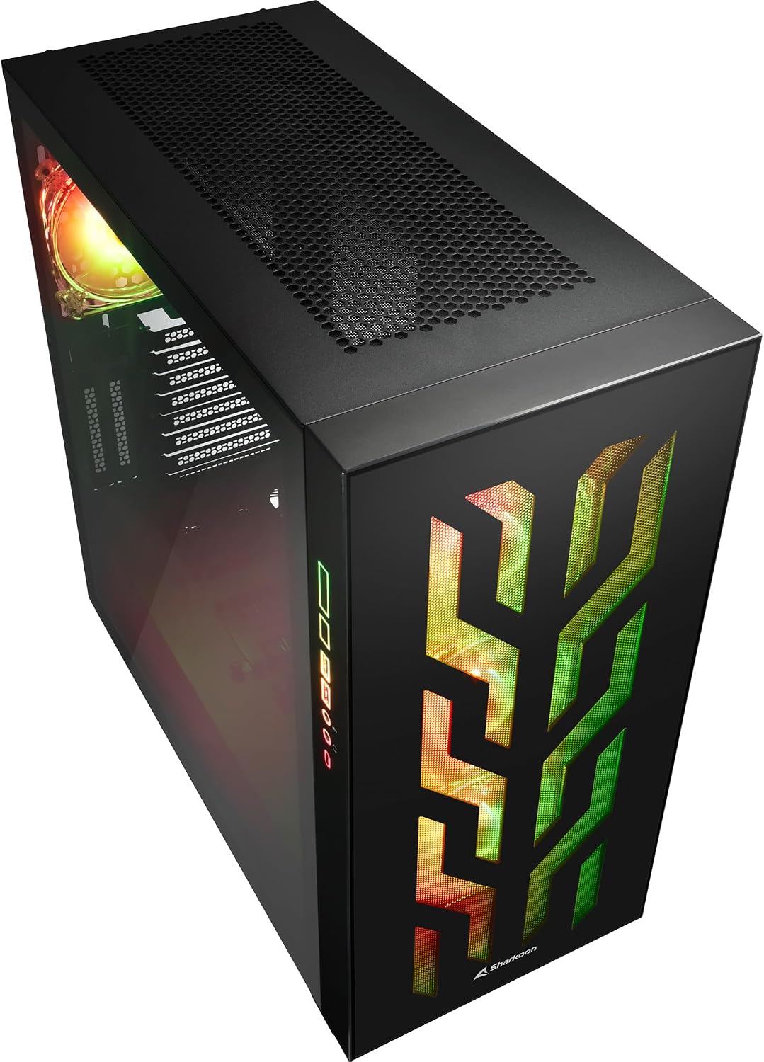 Бурчтуу view of the Sharkoon CA300T PC case, highlighting the side tempered glass panel and RGB lighting.