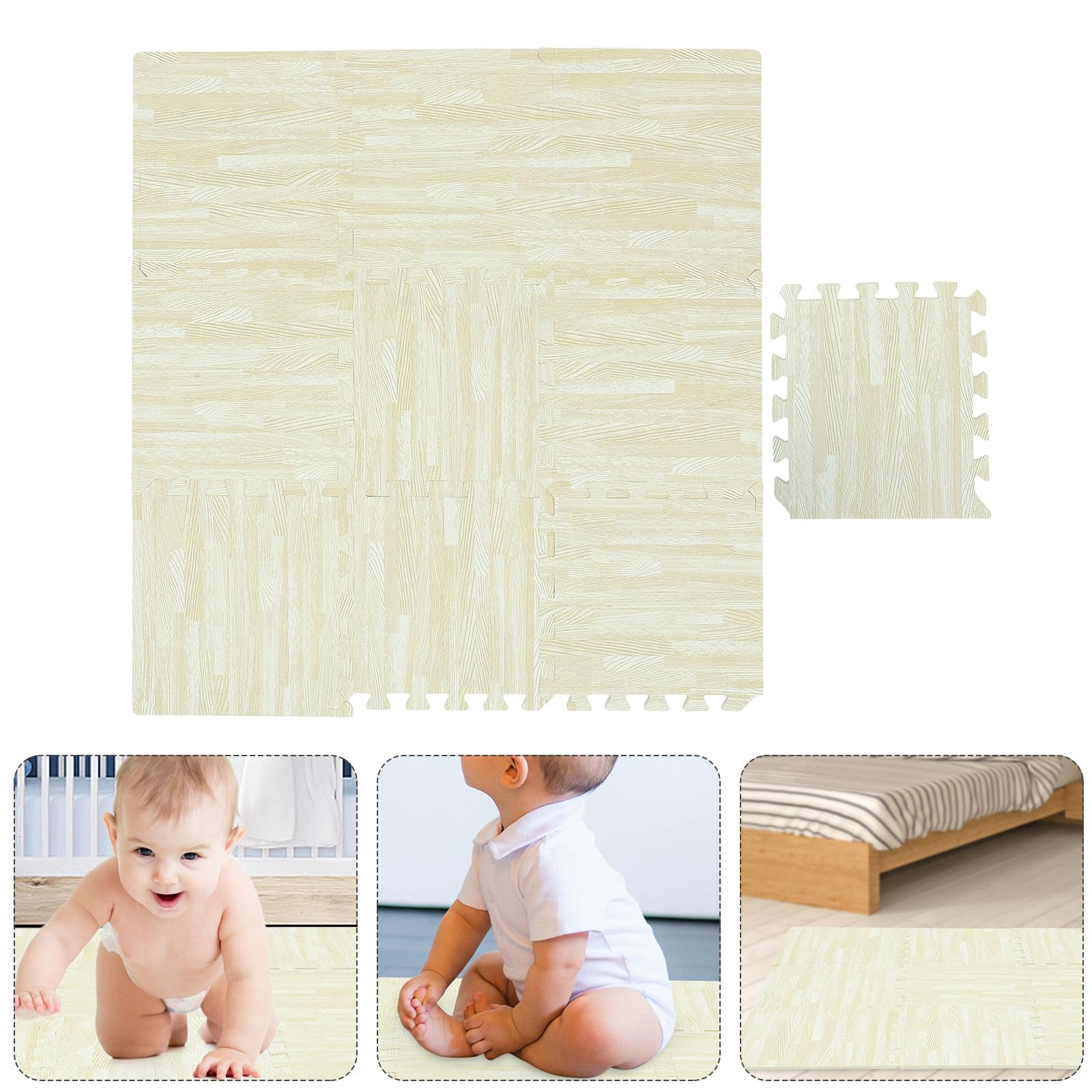 Abaodam 10 Stück Eva Schaumstoff Spielmatten Krabbelschutzmatte 30x30x1cm Weiß Holzoptik Bodenschutz Kinderzimmer Spielteppich