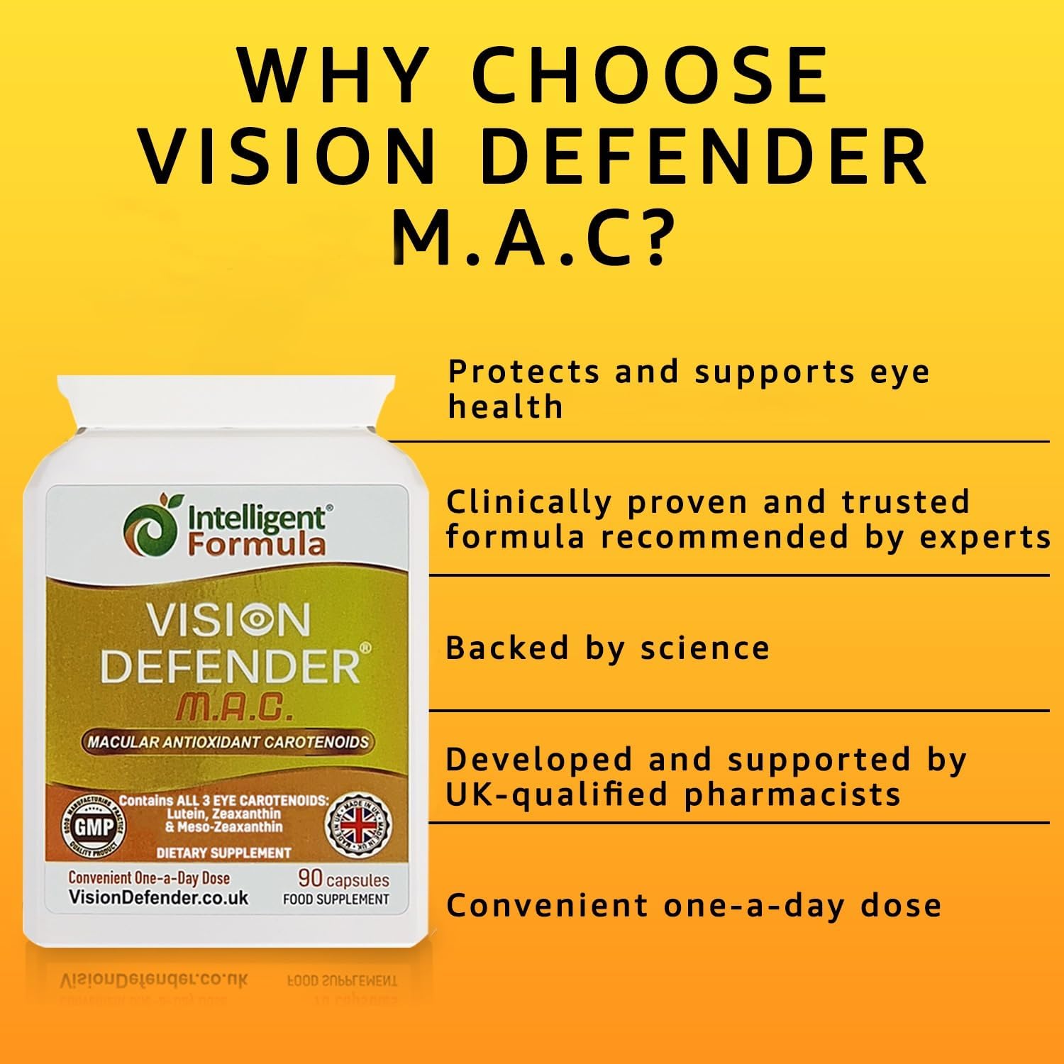 Vision Defender MAC Eye Supplement: Lutein, Zeaxanthin & Meso-Zeaxanthin Triple Antioxidant Carotenoids for Eye Health and Eyesight (90 Capsules/One Capsule Daily) Made in UK