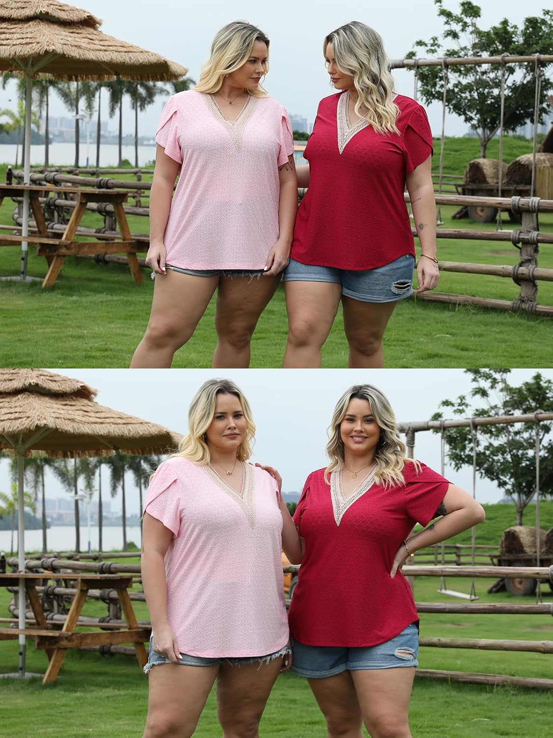 ROSRISS Plus-Size Tops for Women Eyelet Shirts Lace V Neck Petal Short Sleeve Tunics - Image 3