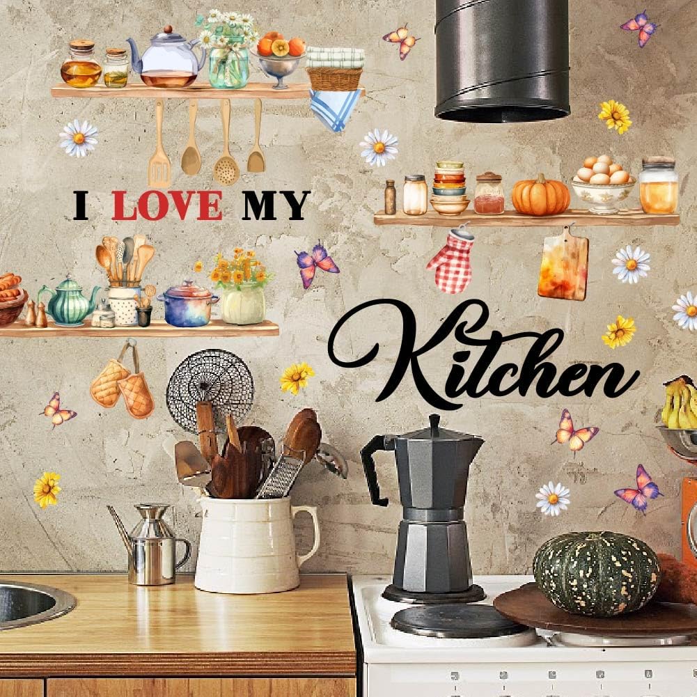 SUPERDANT Wall Sticker I Love My Kitchen Wall Sticker Kitchenware and Ingredients Wall Sticker Home Watercolour Decor Ingredients Vinyl Wall Sticker for Kitchen Dining Room Fridge Decor