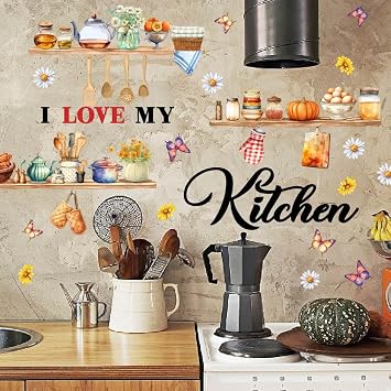 SUPERDANT Wall Sticker I Love My Kitchen Wall Sticker Kitchenware and Ingredients Wall Sticker Home Watercolour Decor Ingredients Vinyl Wall Sticker for Kitchen Dining Room Fridge Decor