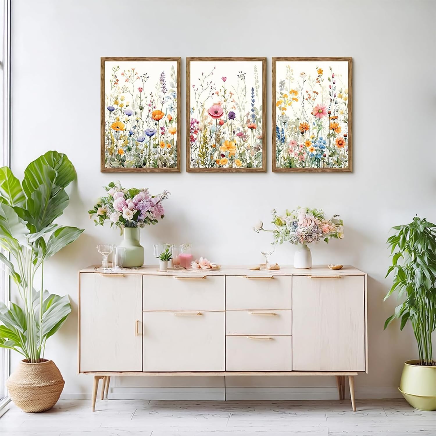 3 Piece Colorful Wildflower Wall Art Set, Framed Spring Wall Decor, Watercolor Floral Painting Canvas Prints, Flower Pictures, Farmhouse Botanical Artwork for Living Room Bedroom 12x16 Inch